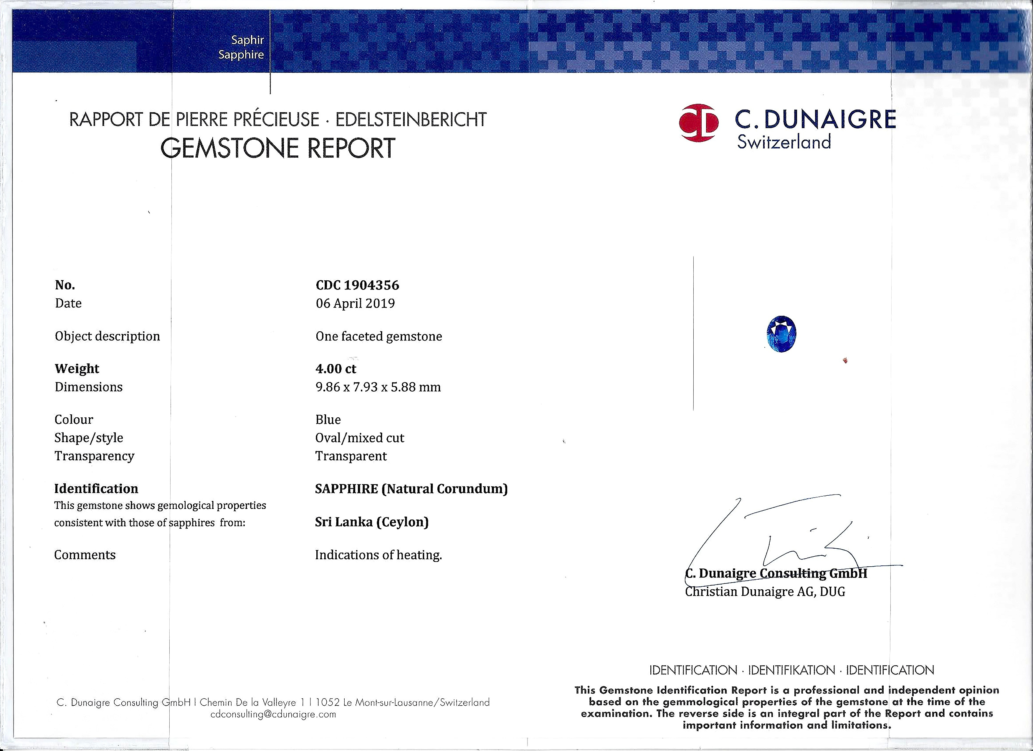 4.00 Ct. Blue Sapphire from Ceylon (Sri Lanka)