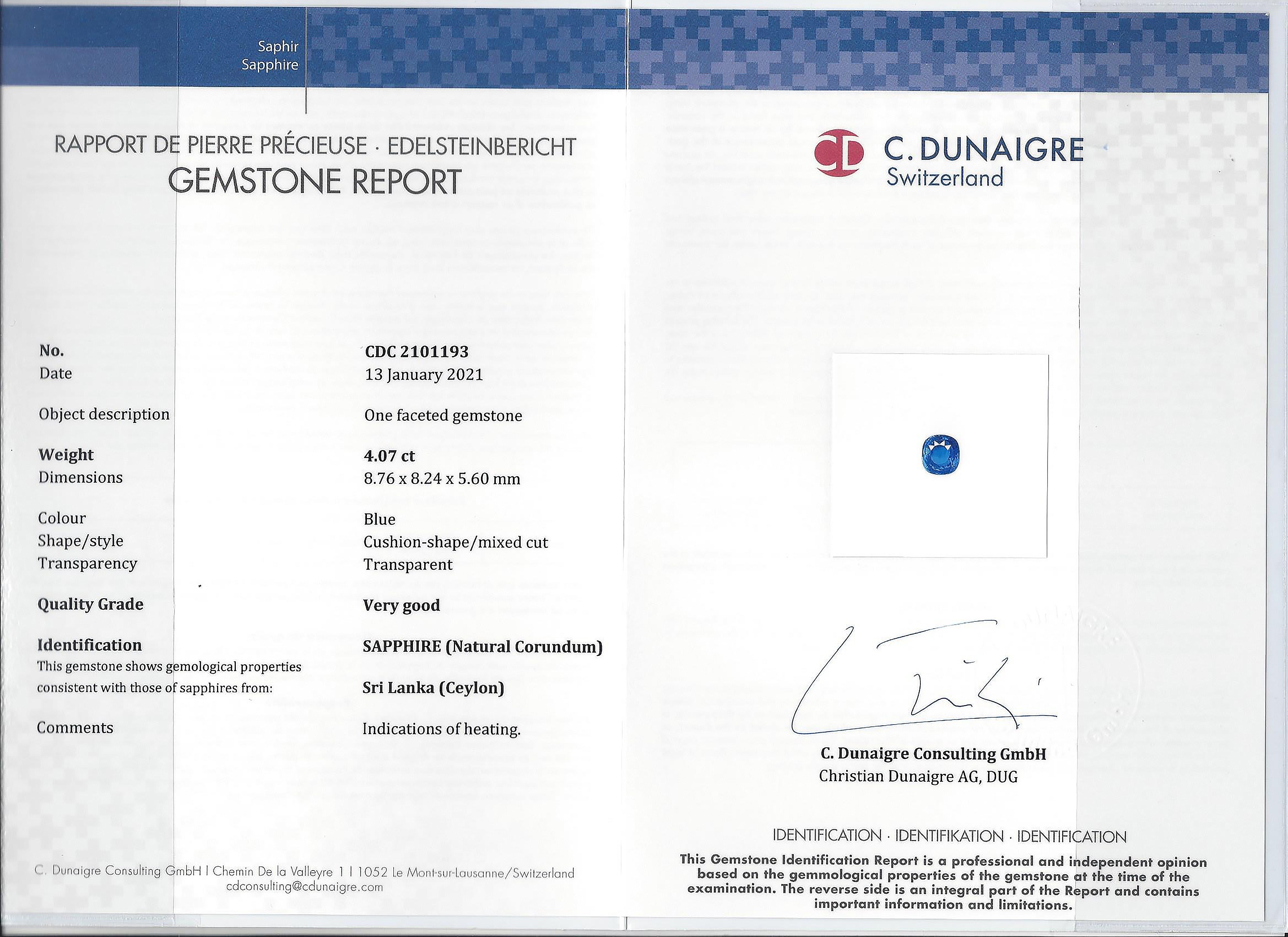4.07 Ct. Blue Sapphire from Ceylon (Sri Lanka)