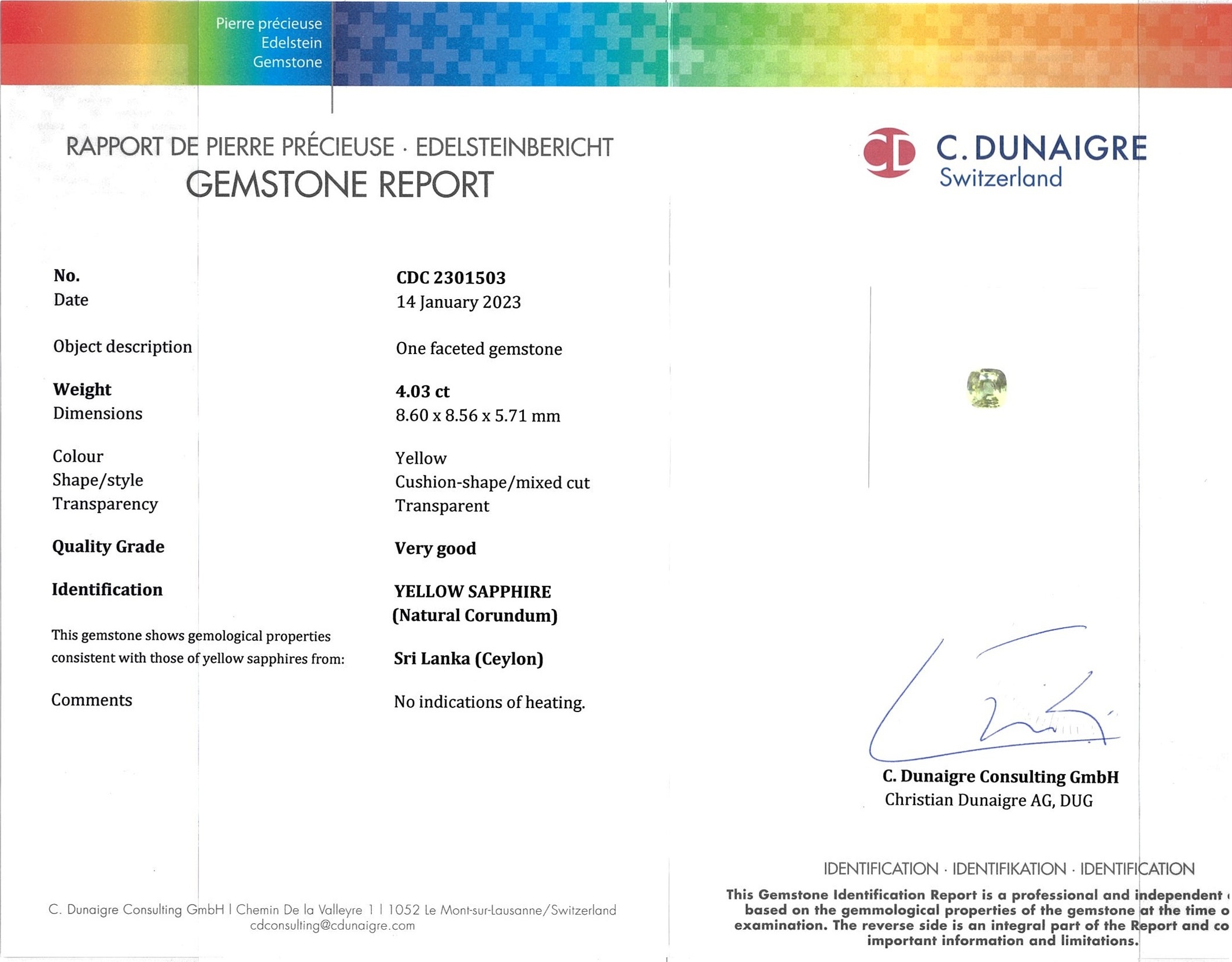 4.03 Ct. Yellow Sapphire from Ceylon (Sri Lanka)
