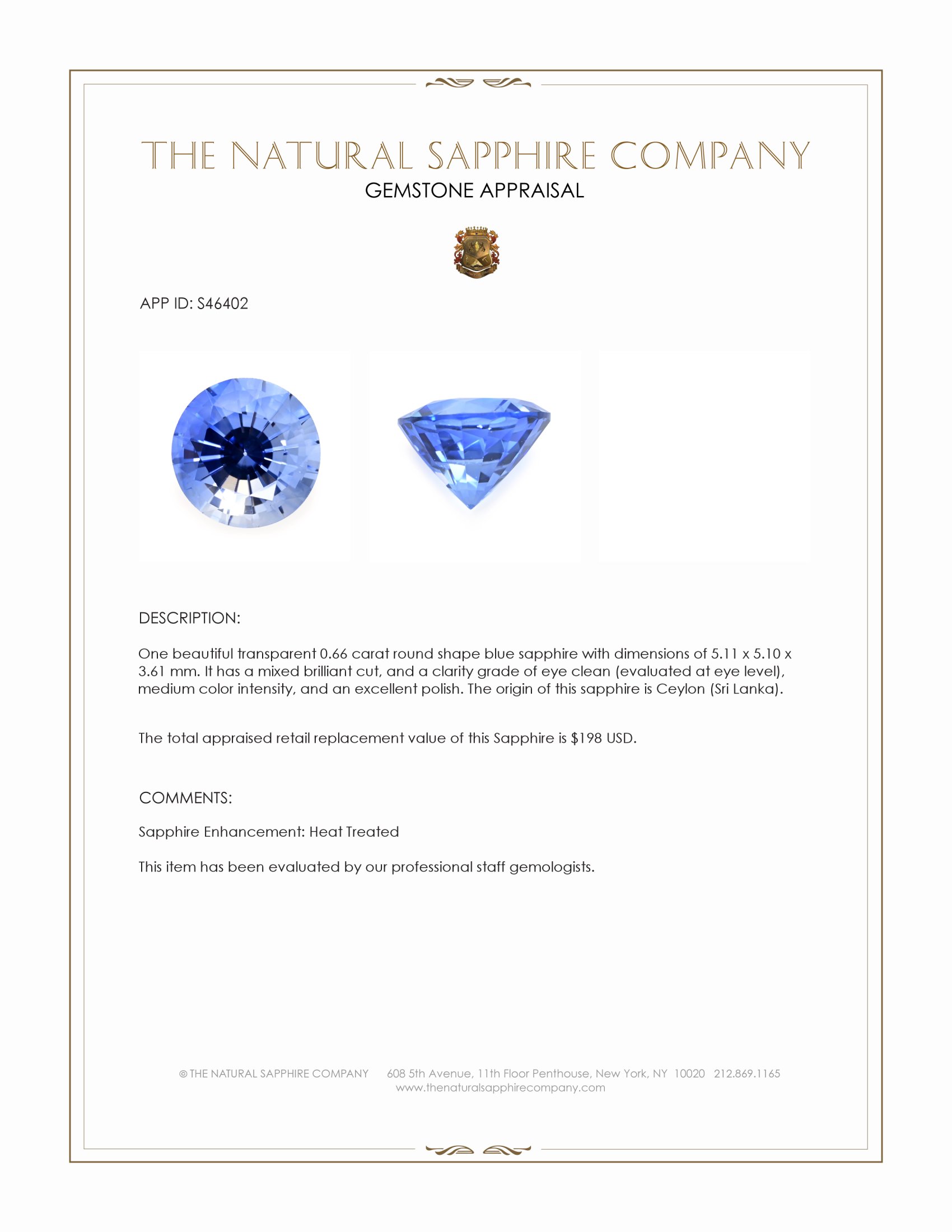 0.66 Ct. Blue Sapphire from Ceylon (Sri Lanka)