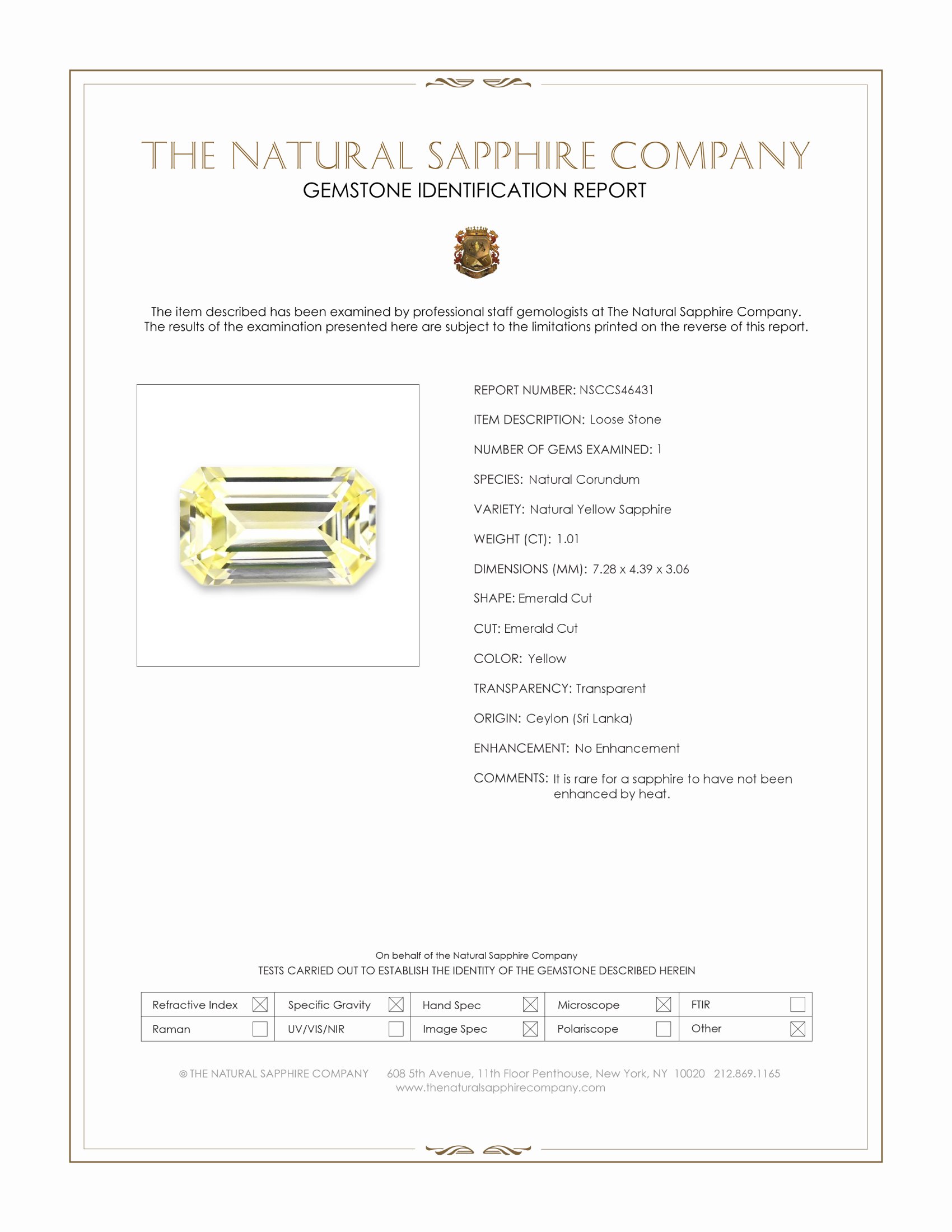 1.01 Ct. Yellow Sapphire from Ceylon (Sri Lanka)