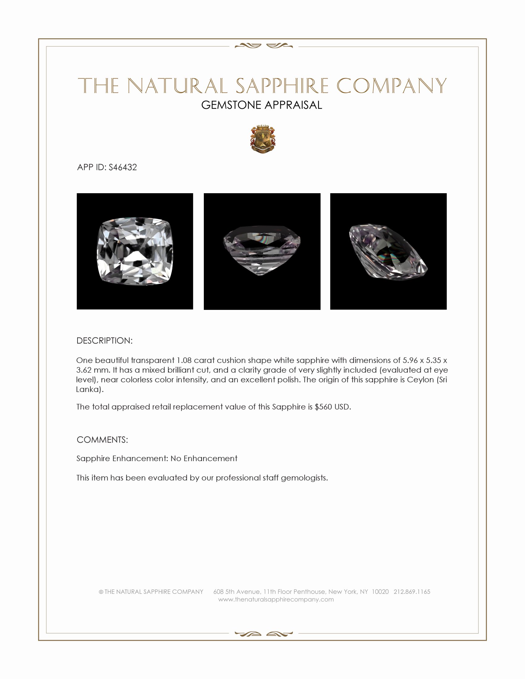 1.08 Ct. White Sapphire from Ceylon (Sri Lanka)