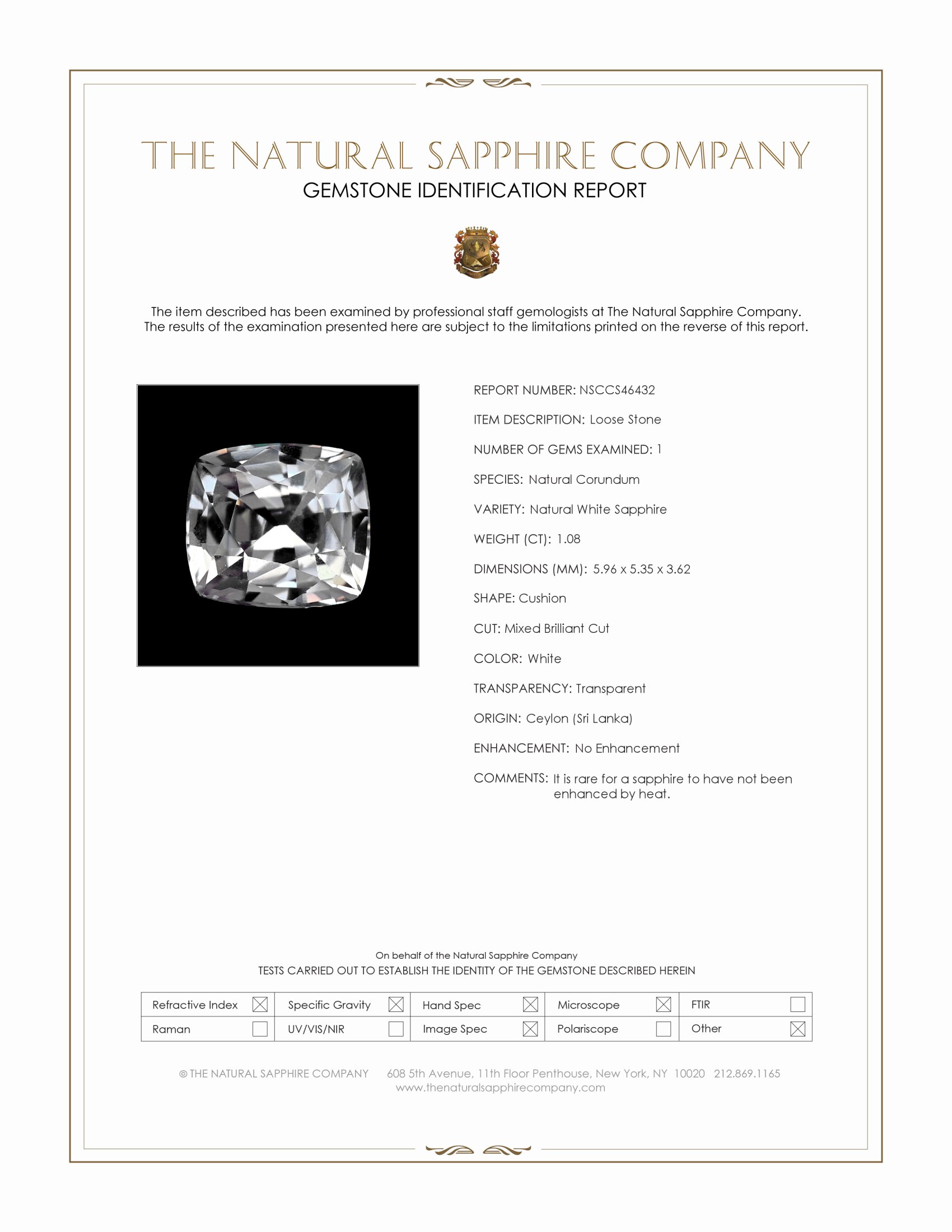 1.08 Ct. White Sapphire from Ceylon (Sri Lanka)