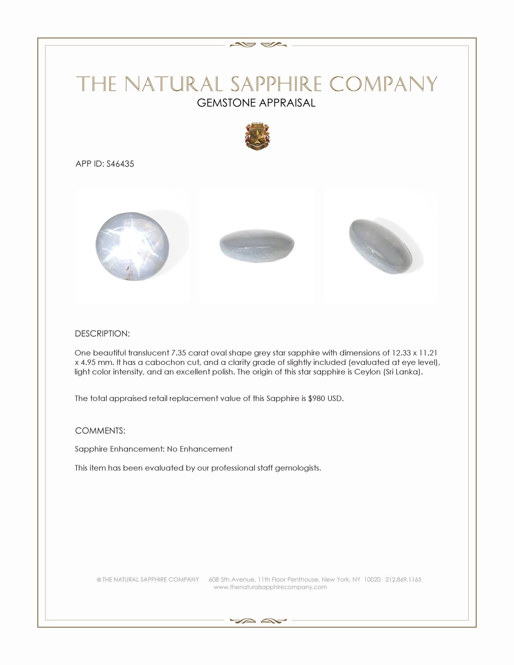 7.35 Ct. Grey Star Sapphire from Ceylon (Sri Lanka)