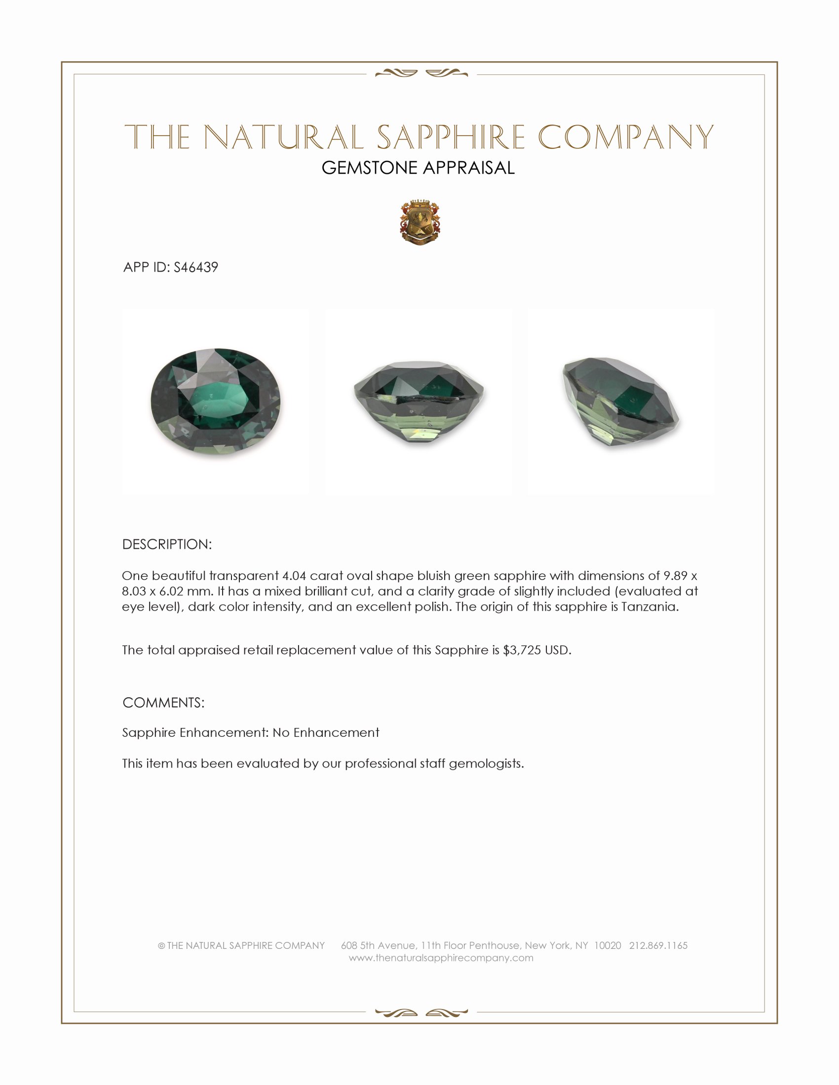 4.04 Ct. Bluish Green Sapphire from Tanzania