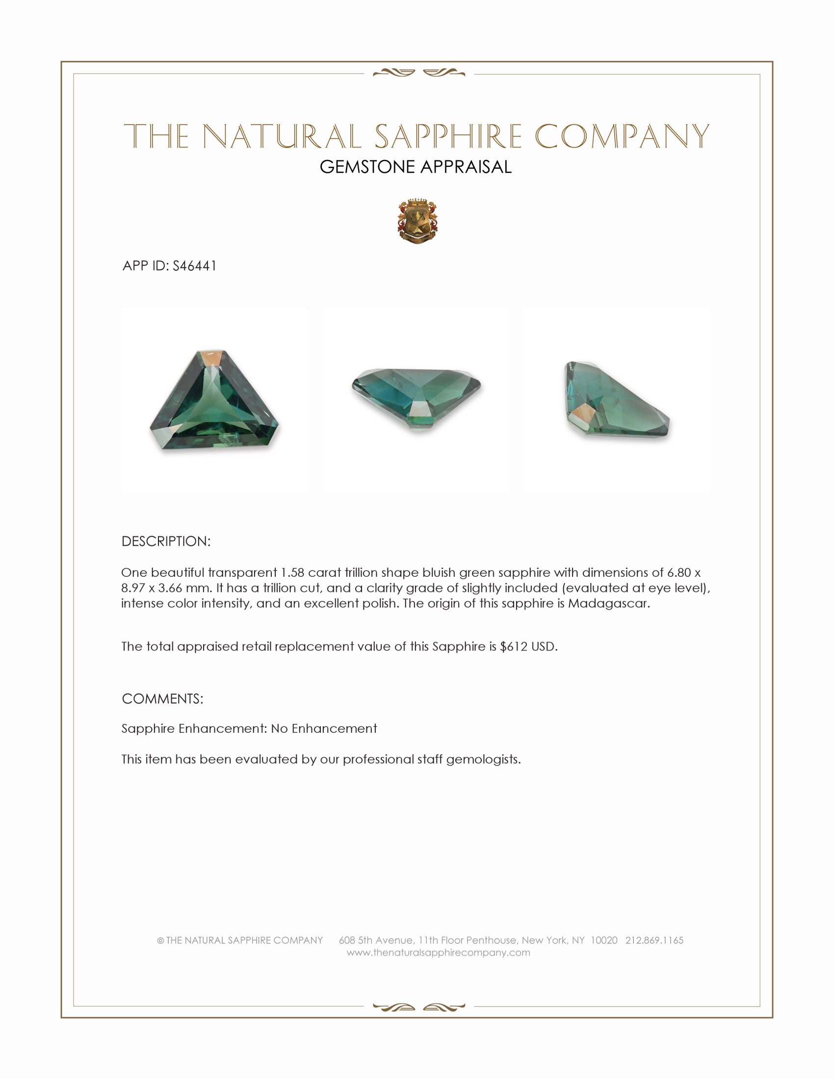 1.58 Ct. Bluish Green Sapphire from Madagascar
