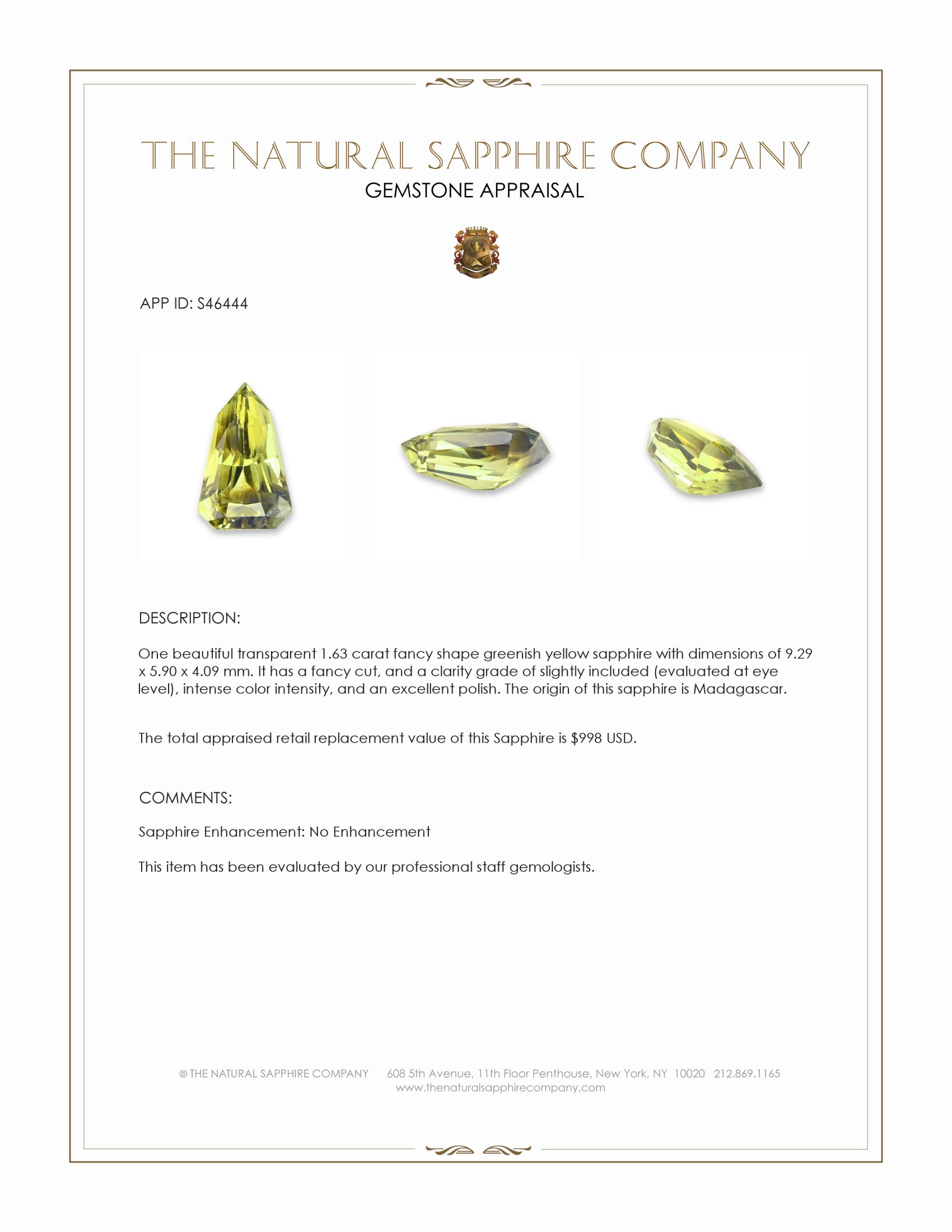 1.63 Ct. Greenish Yellow Sapphire from Madagascar