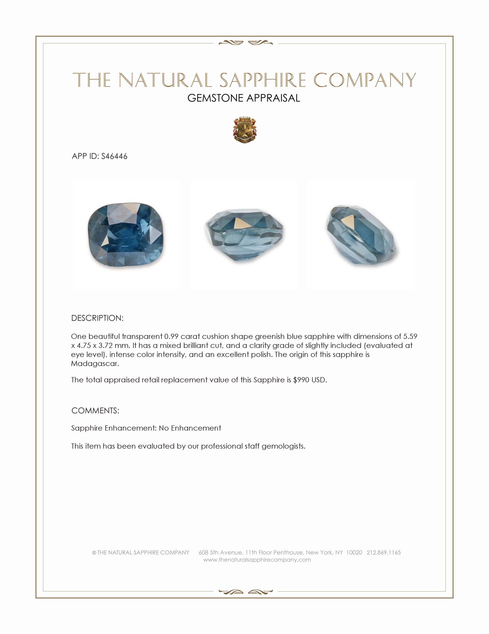 0.99 Ct. Greenish Blue Sapphire from Madagascar