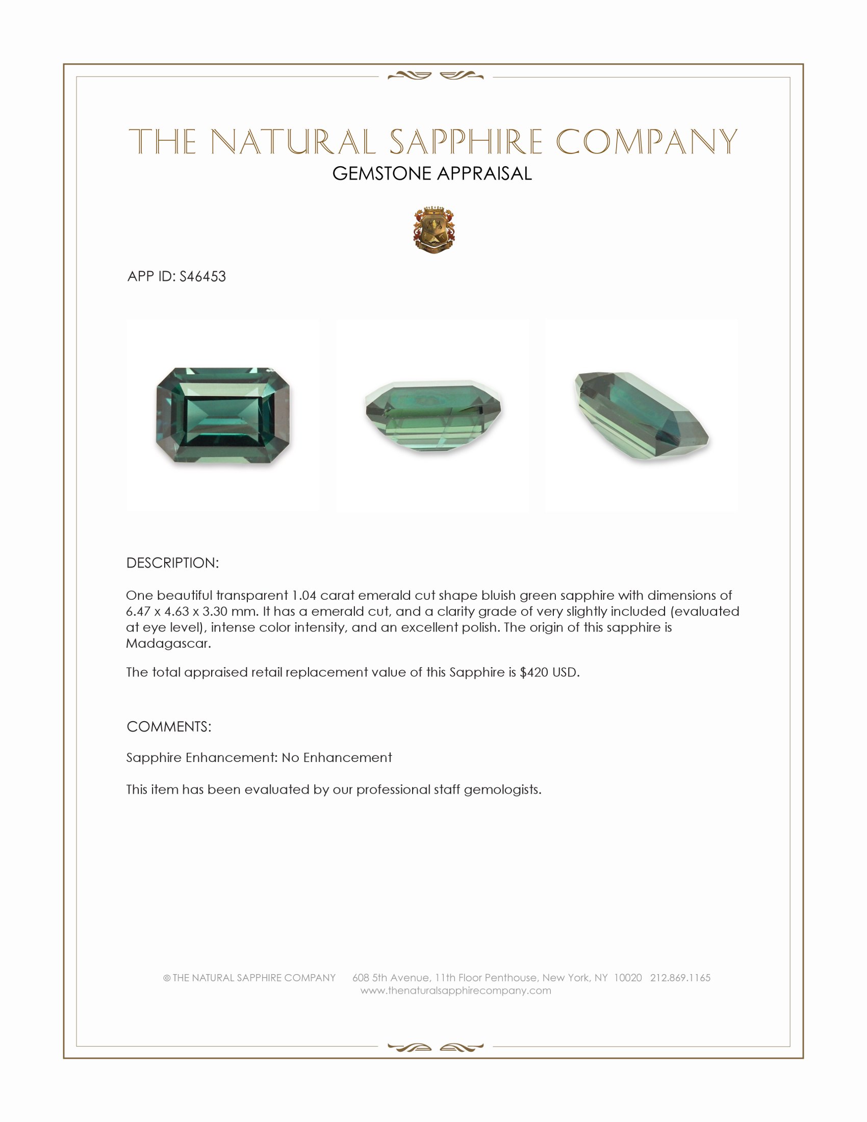 1.04 Ct. Bluish Green Sapphire from Madagascar
