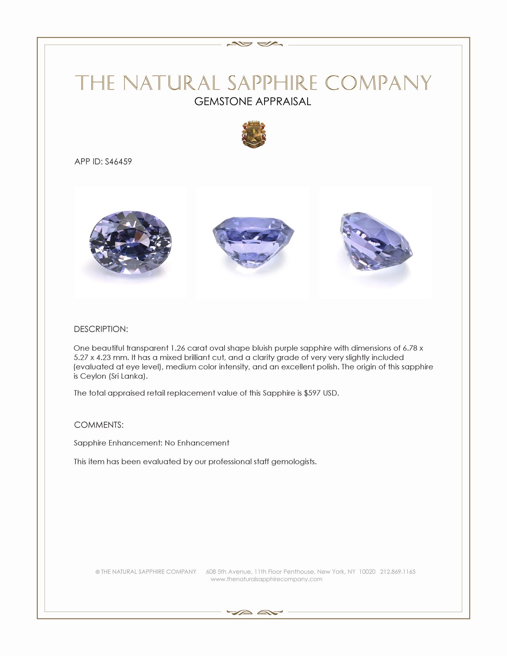 1.26 Ct. Bluish Purple Sapphire from Ceylon (Sri Lanka)
