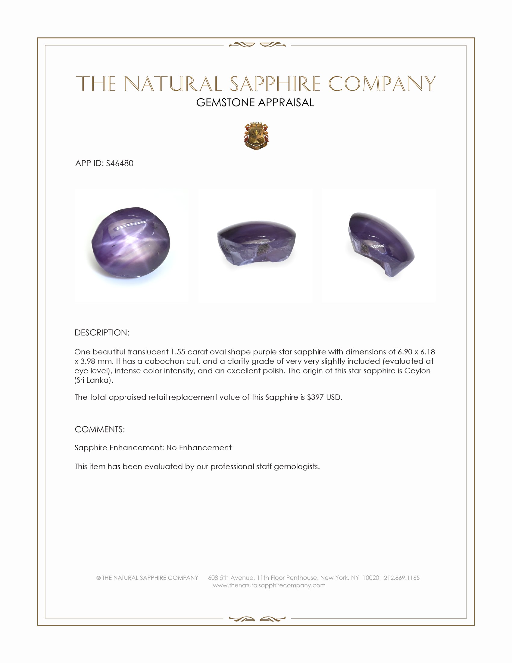 1.55 Ct. Purple Star Sapphire from Ceylon (Sri Lanka)