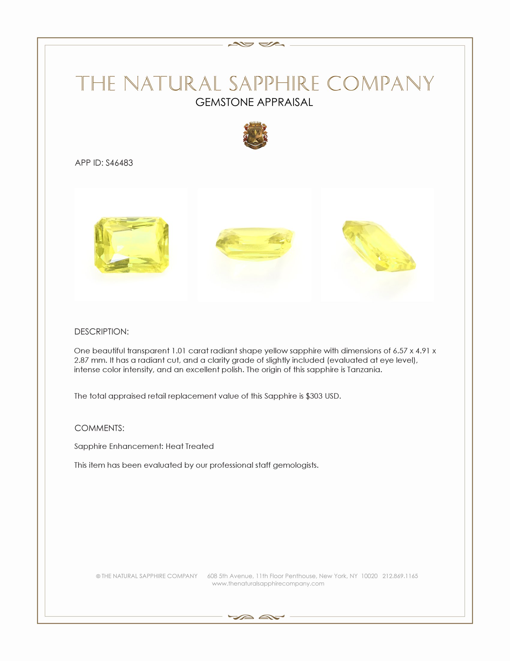 1.01 Ct. Yellow Sapphire from Tanzania