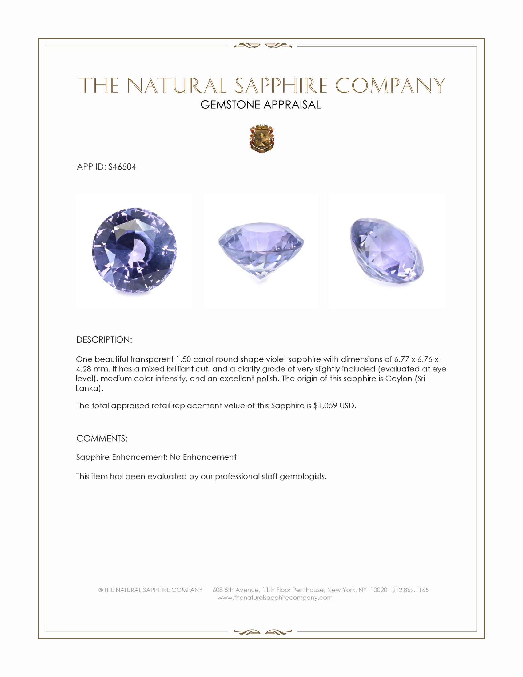 1.50 Ct. Violet Sapphire from Ceylon (Sri Lanka)