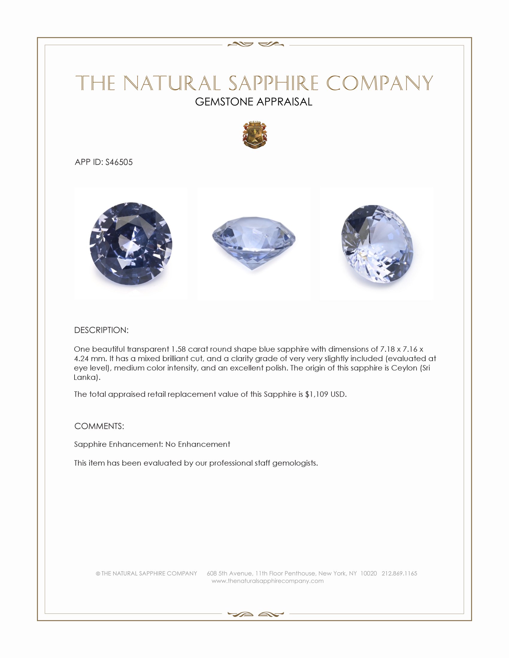 1.58 Ct. Blue Sapphire from Ceylon (Sri Lanka)