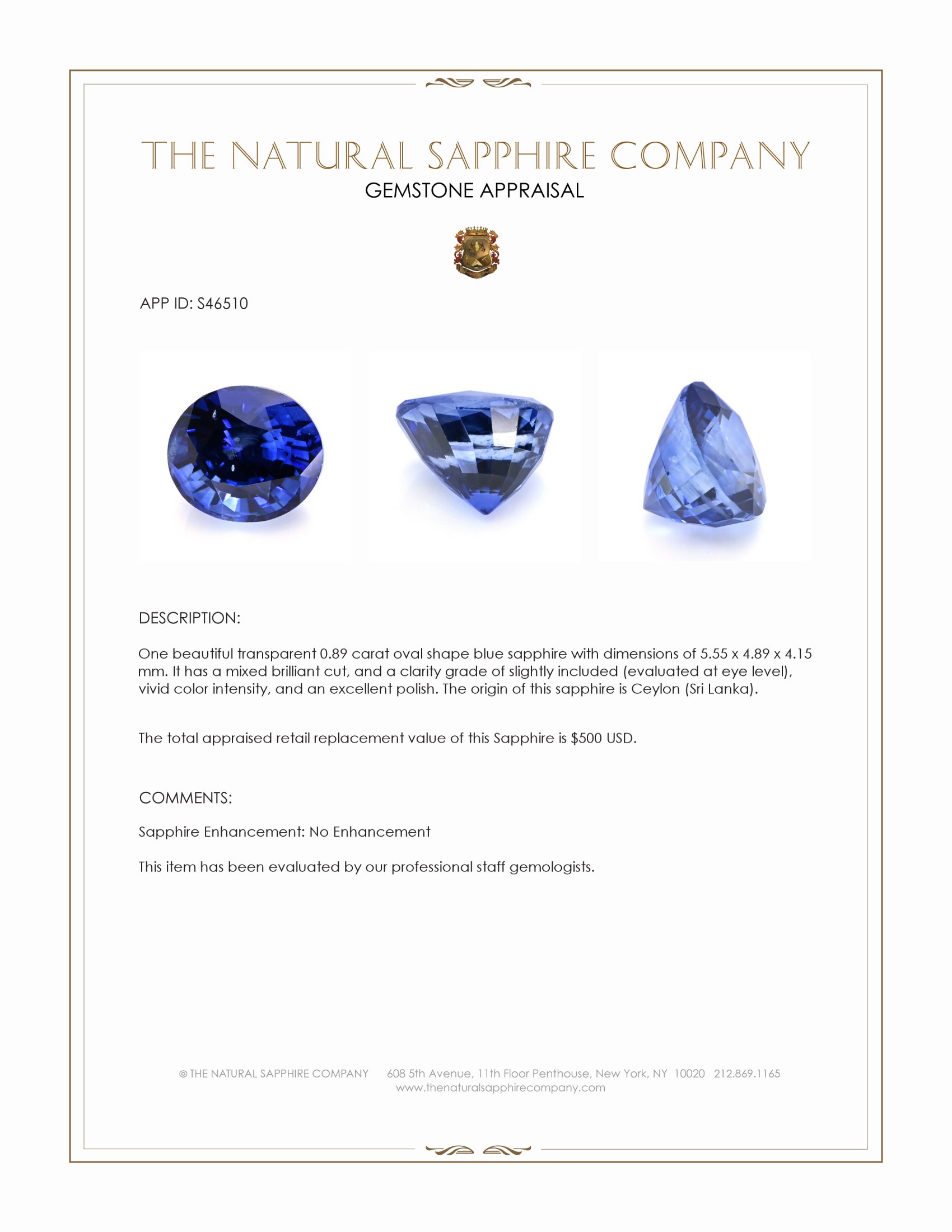 0.89 Ct. Blue Sapphire from Ceylon (Sri Lanka)