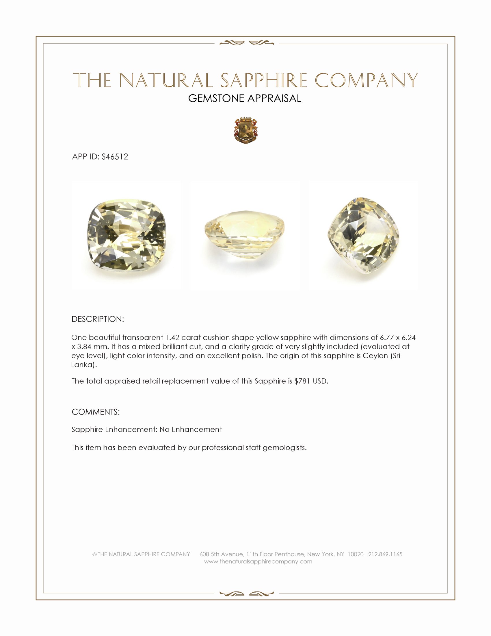 1.42 Ct. Yellow Sapphire from Ceylon (Sri Lanka)