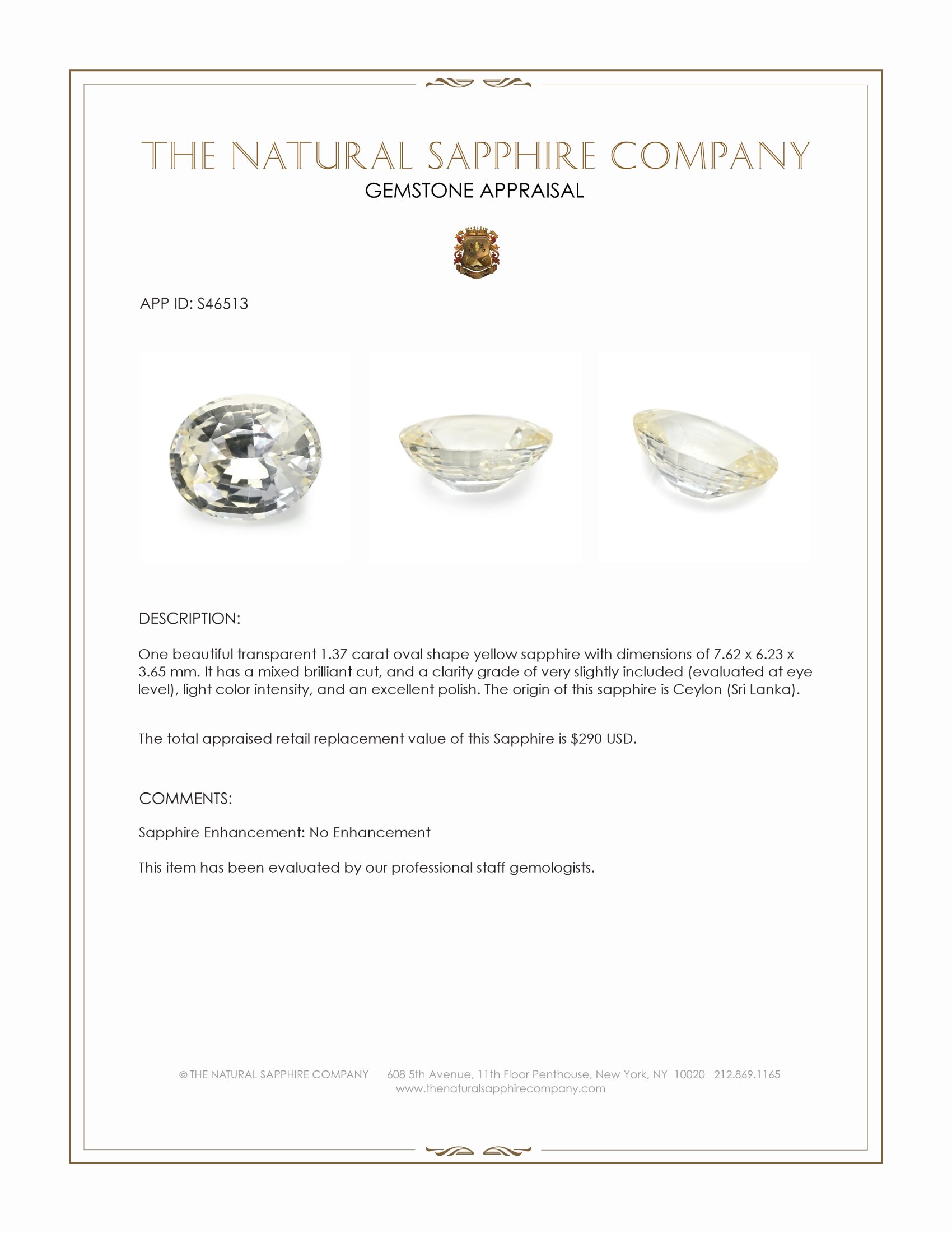 1.37 Ct. Yellow Sapphire from Ceylon (Sri Lanka)