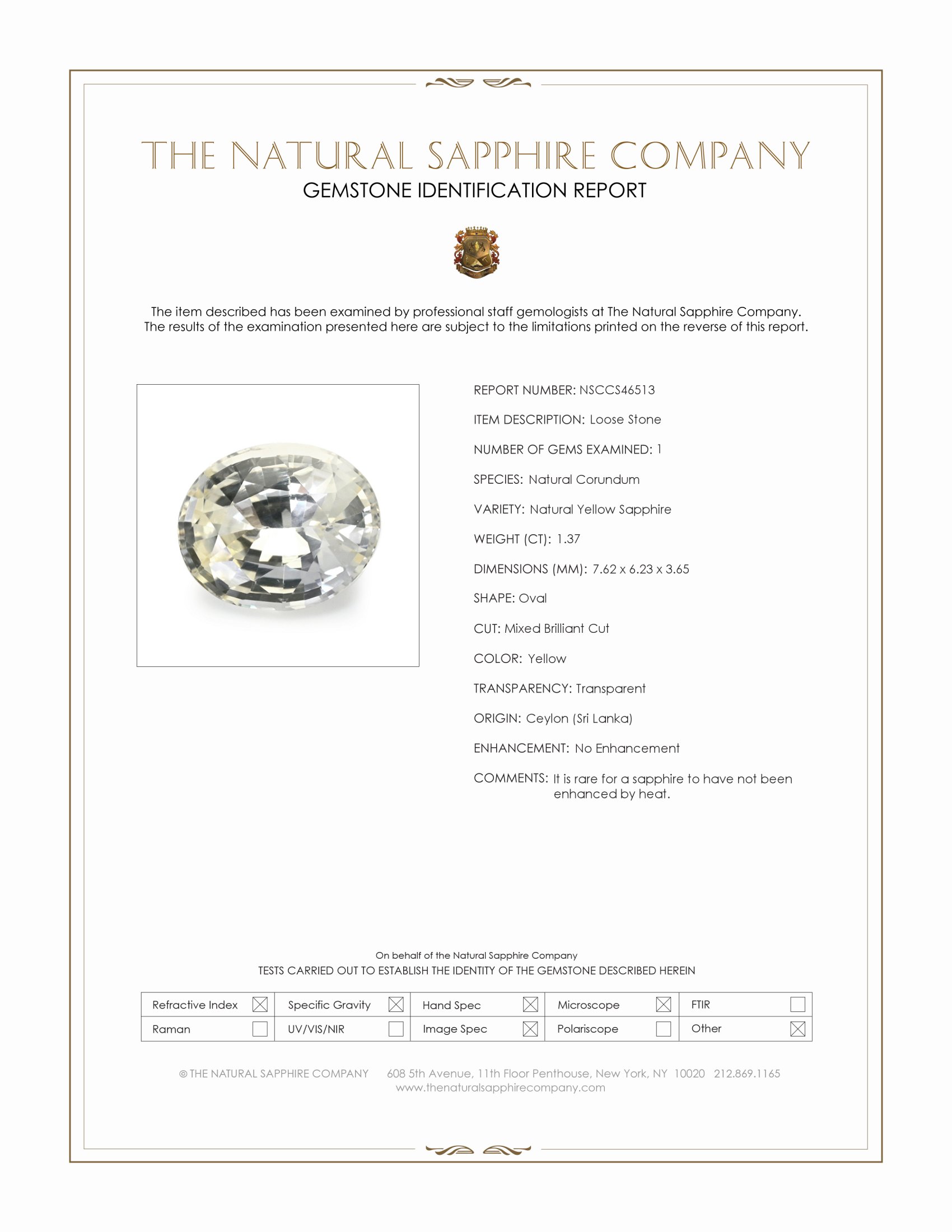 1.37 Ct. Yellow Sapphire from Ceylon (Sri Lanka)