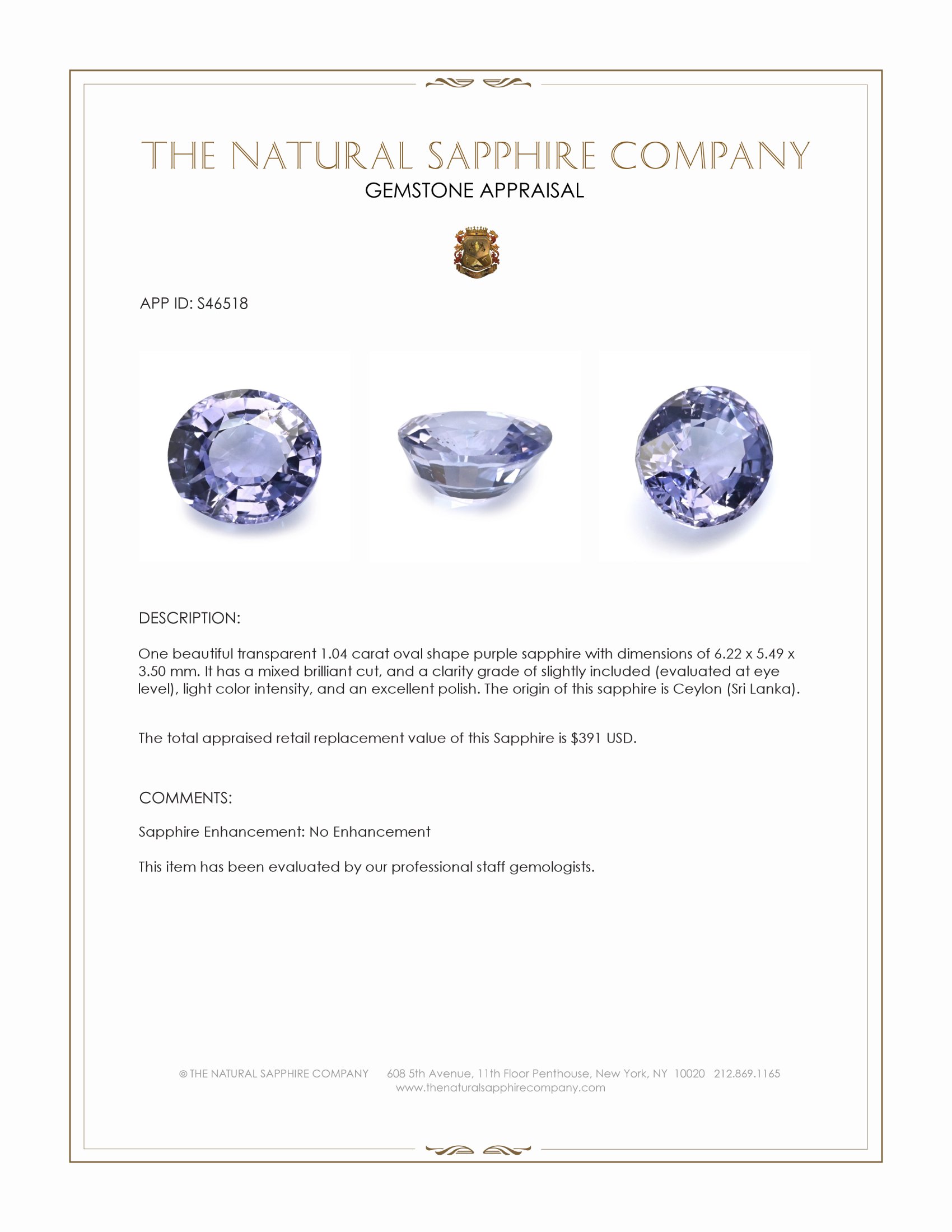 1.04 Ct. Purple Sapphire from Ceylon (Sri Lanka)