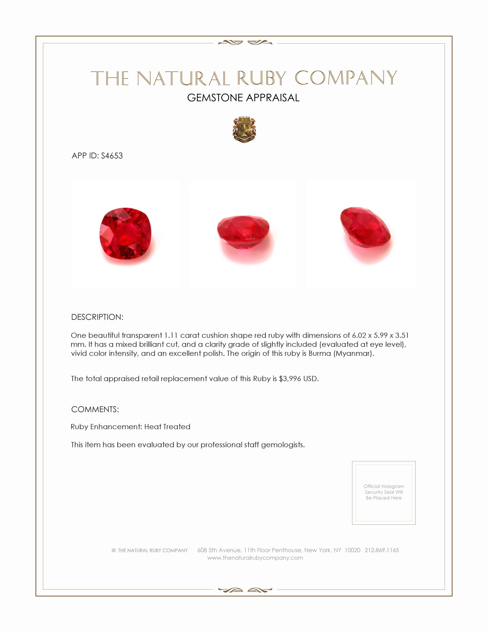 1.11 Ct. Ruby from Burma (Myanmar)