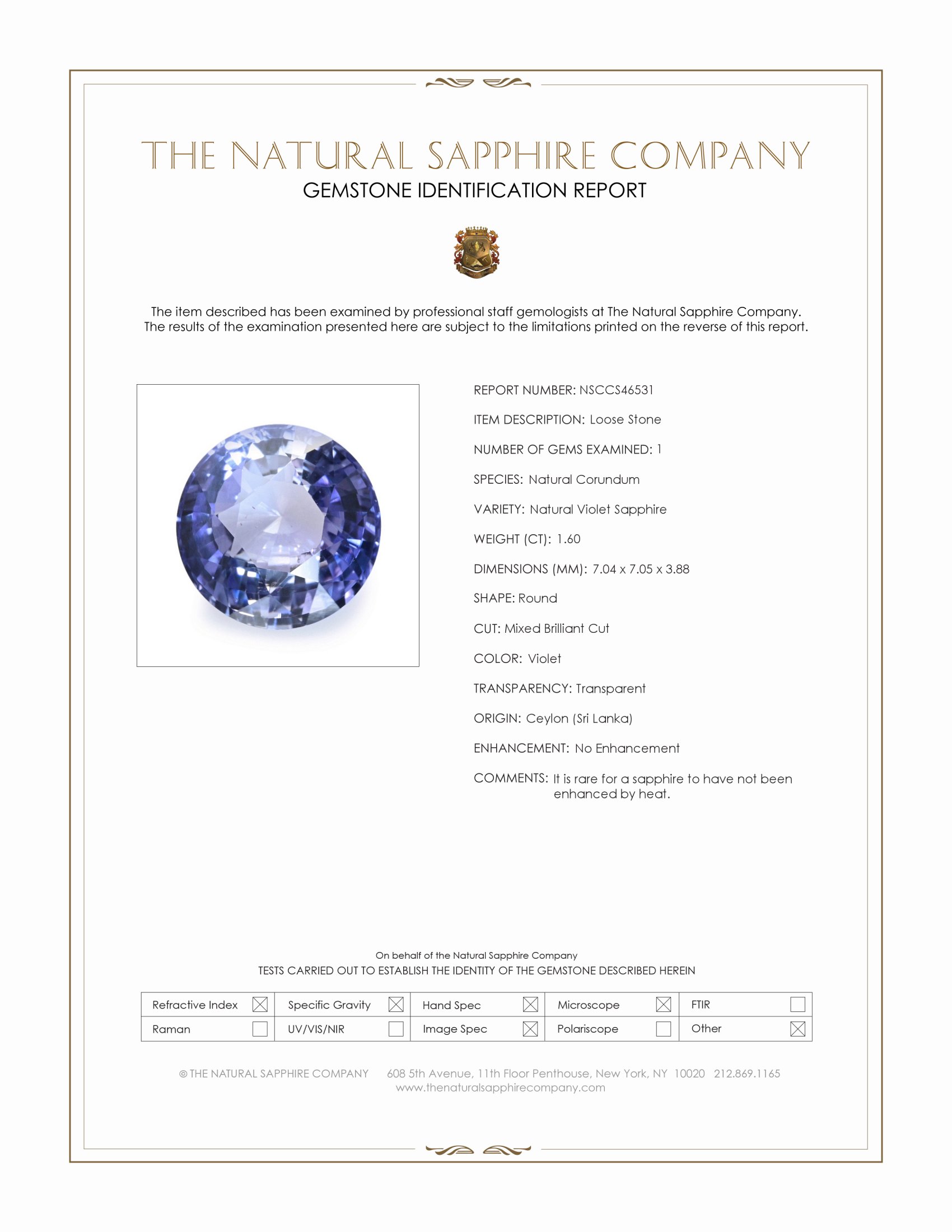 1.60 Ct. Violet Sapphire from Ceylon (Sri Lanka)