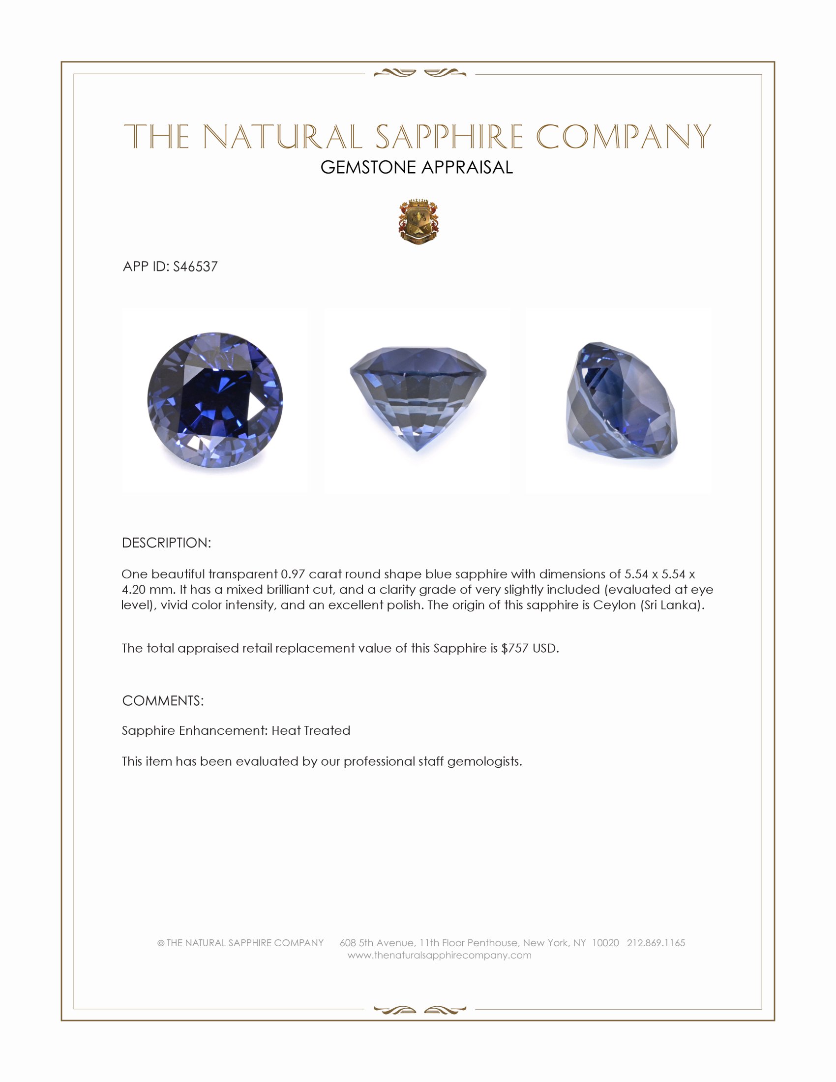 0.97 Ct. Blue Sapphire from Ceylon (Sri Lanka)