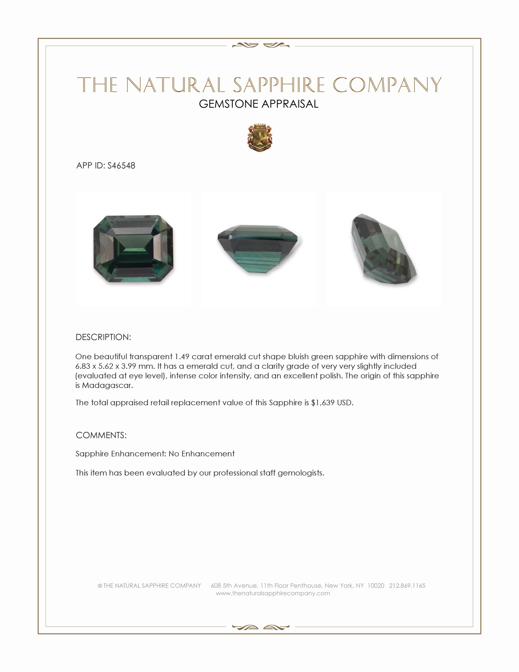 1.49 Ct. Bluish Green Sapphire from Madagascar