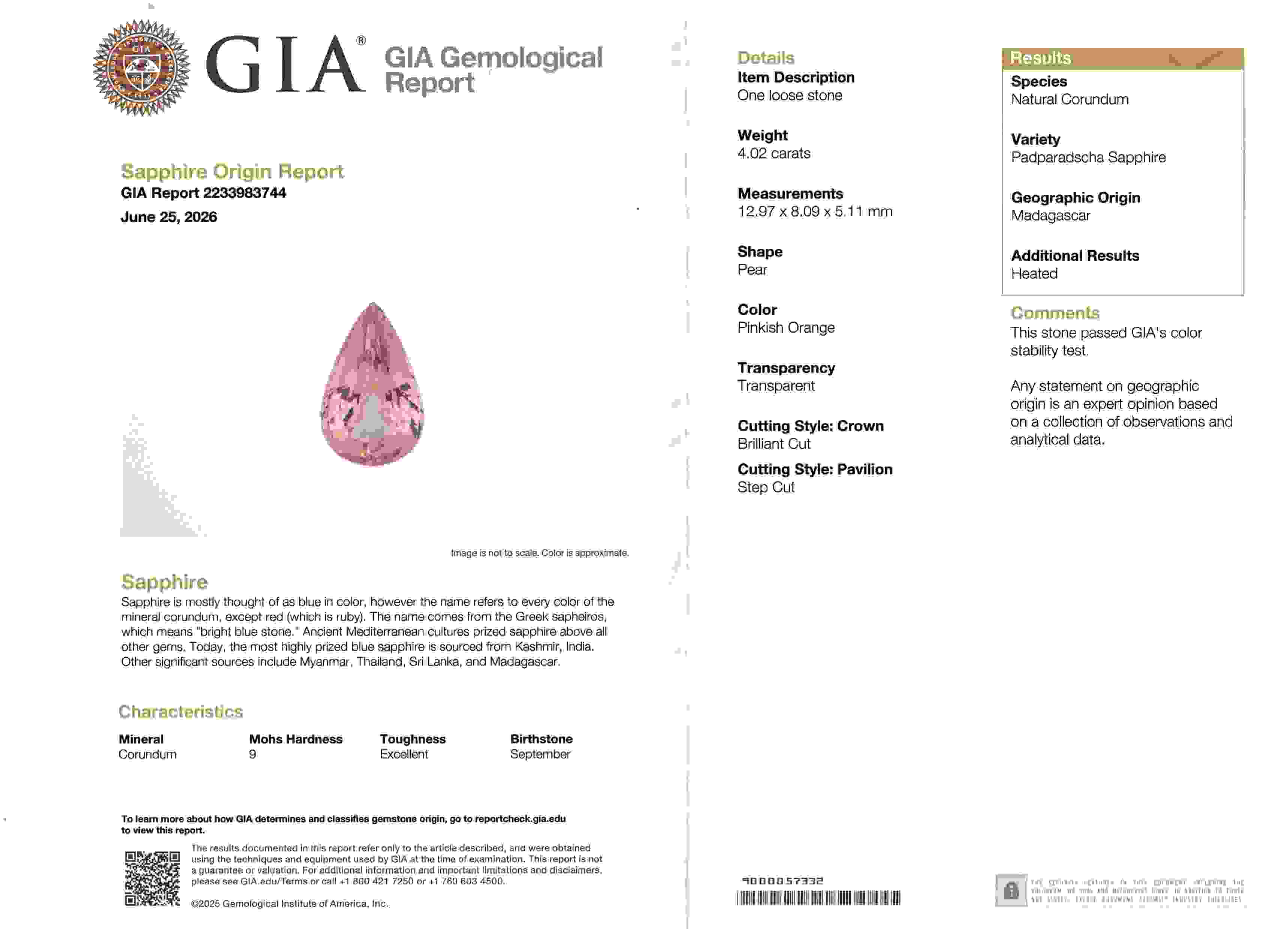 4.02 Ct. Padparadscha Sapphire from Madagascar