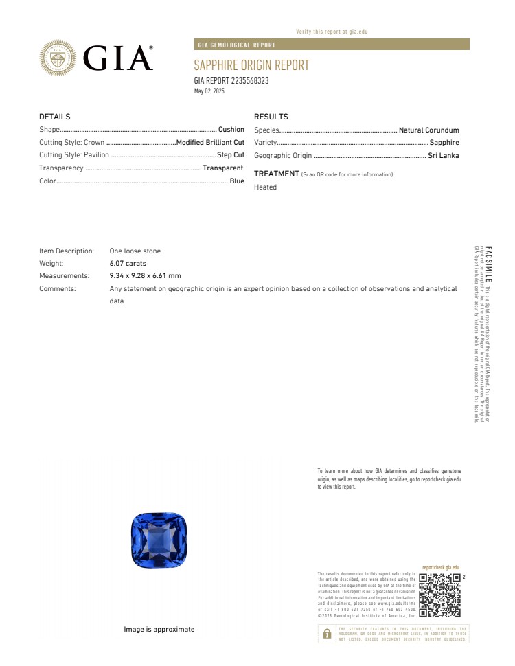6.07 Ct. Blue Sapphire from Ceylon (Sri Lanka)