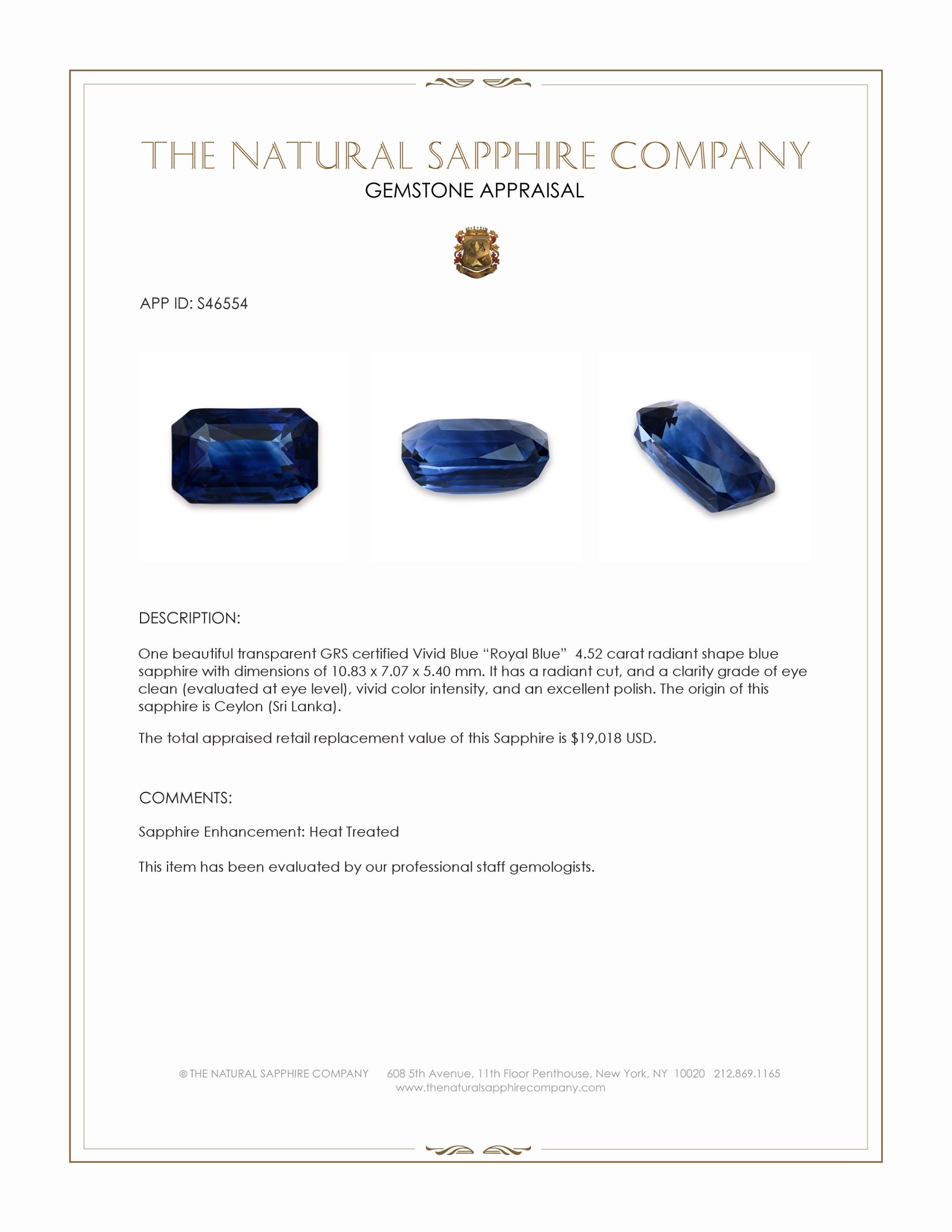 4.52 Ct. Blue Sapphire from Ceylon (Sri Lanka)