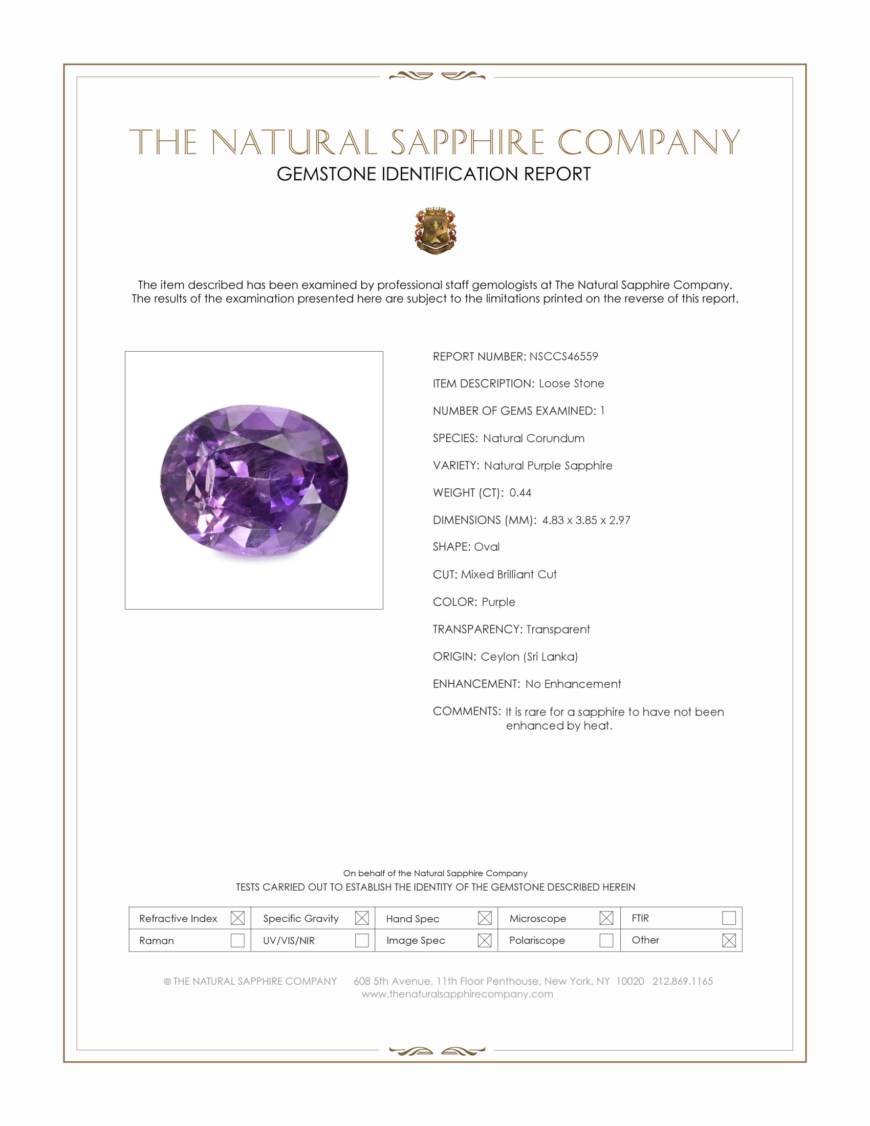 0.44 Ct. Purple Sapphire from Ceylon (Sri Lanka)