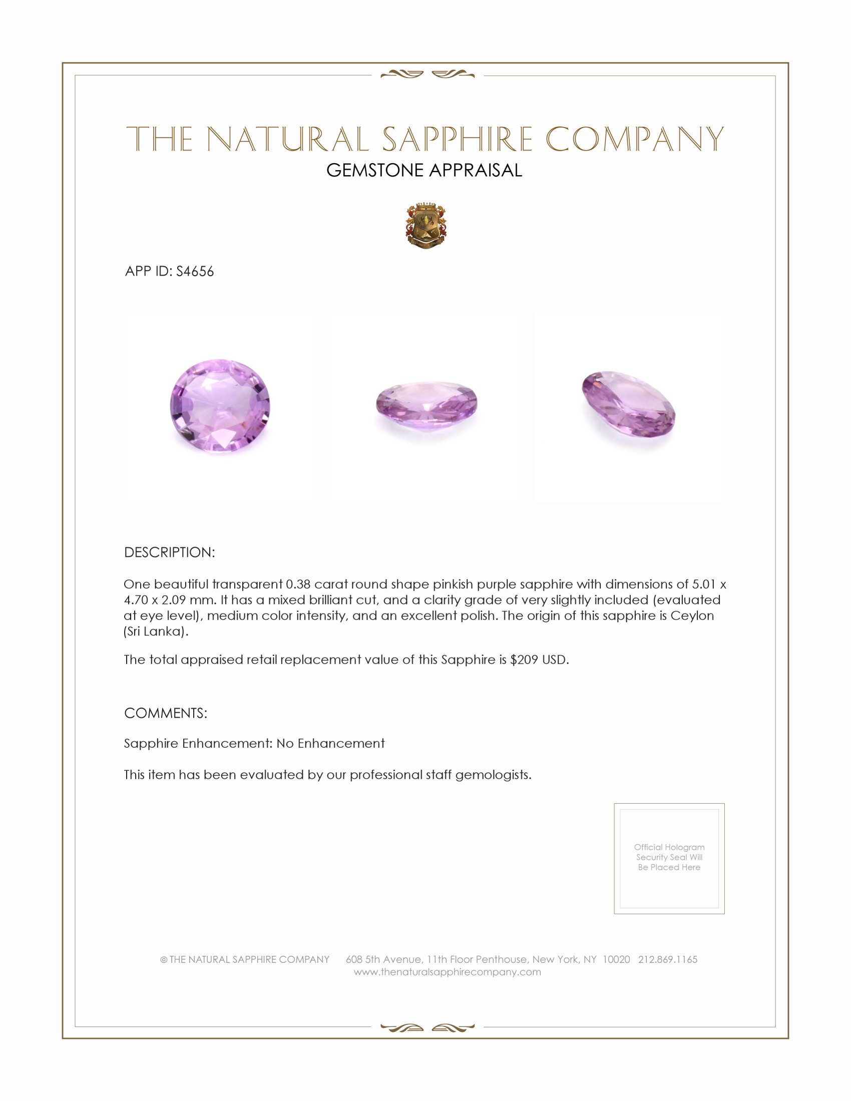 0.38 Ct. Pinkish Purple Sapphire from Ceylon (Sri Lanka)