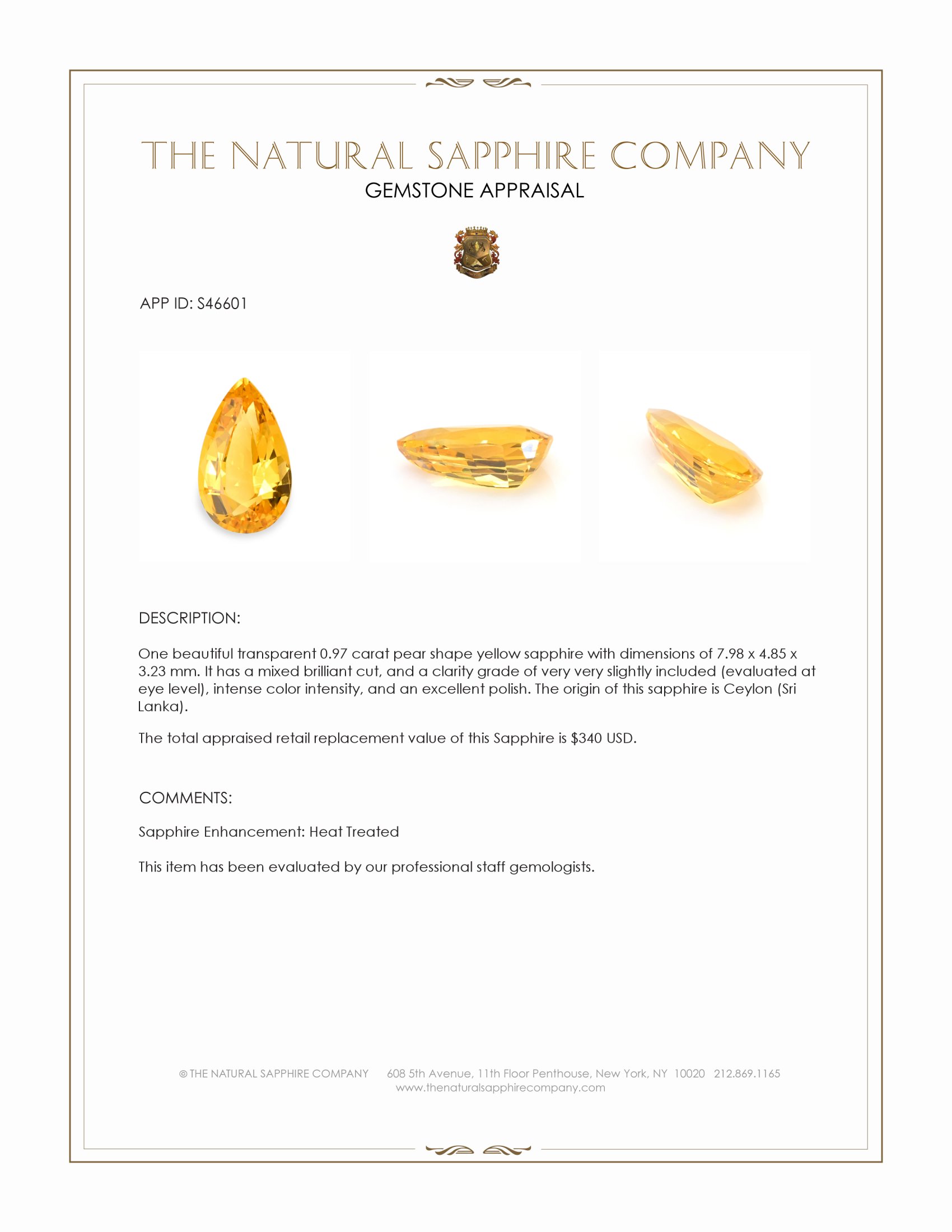 0.97 Ct. Yellow Sapphire from Ceylon (Sri Lanka)