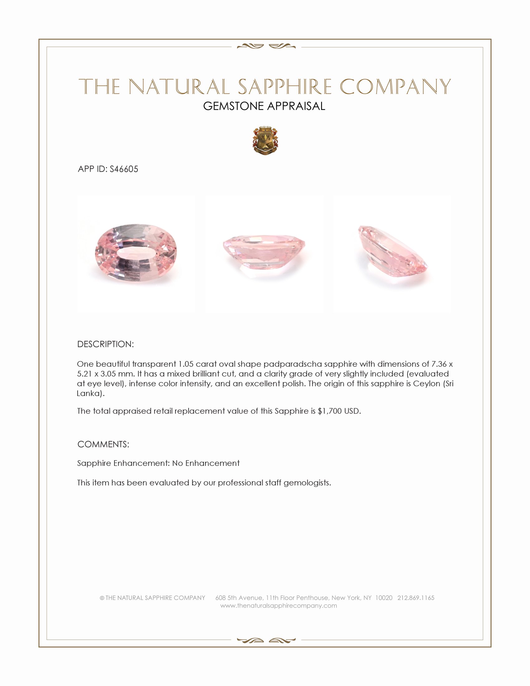 1.05 Ct. Padparadscha Sapphire from Ceylon (Sri Lanka)