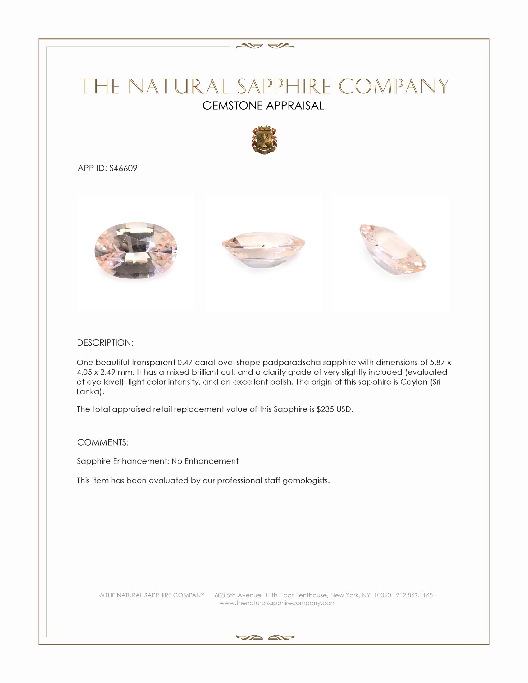 0.47 Ct. Padparadscha Sapphire from Ceylon (Sri Lanka)