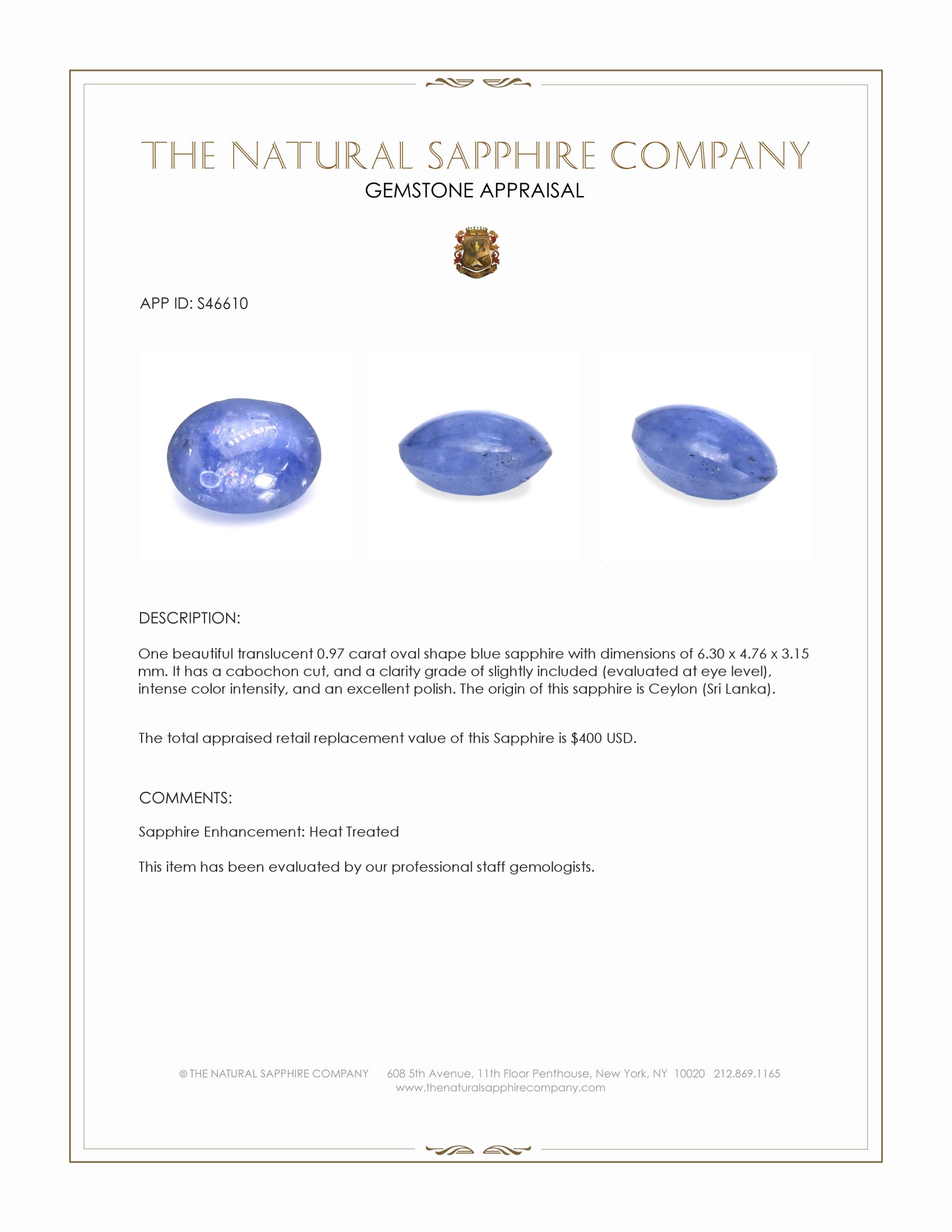 0.97 Ct. Blue Cabochon Sapphire from Ceylon (Sri Lanka)