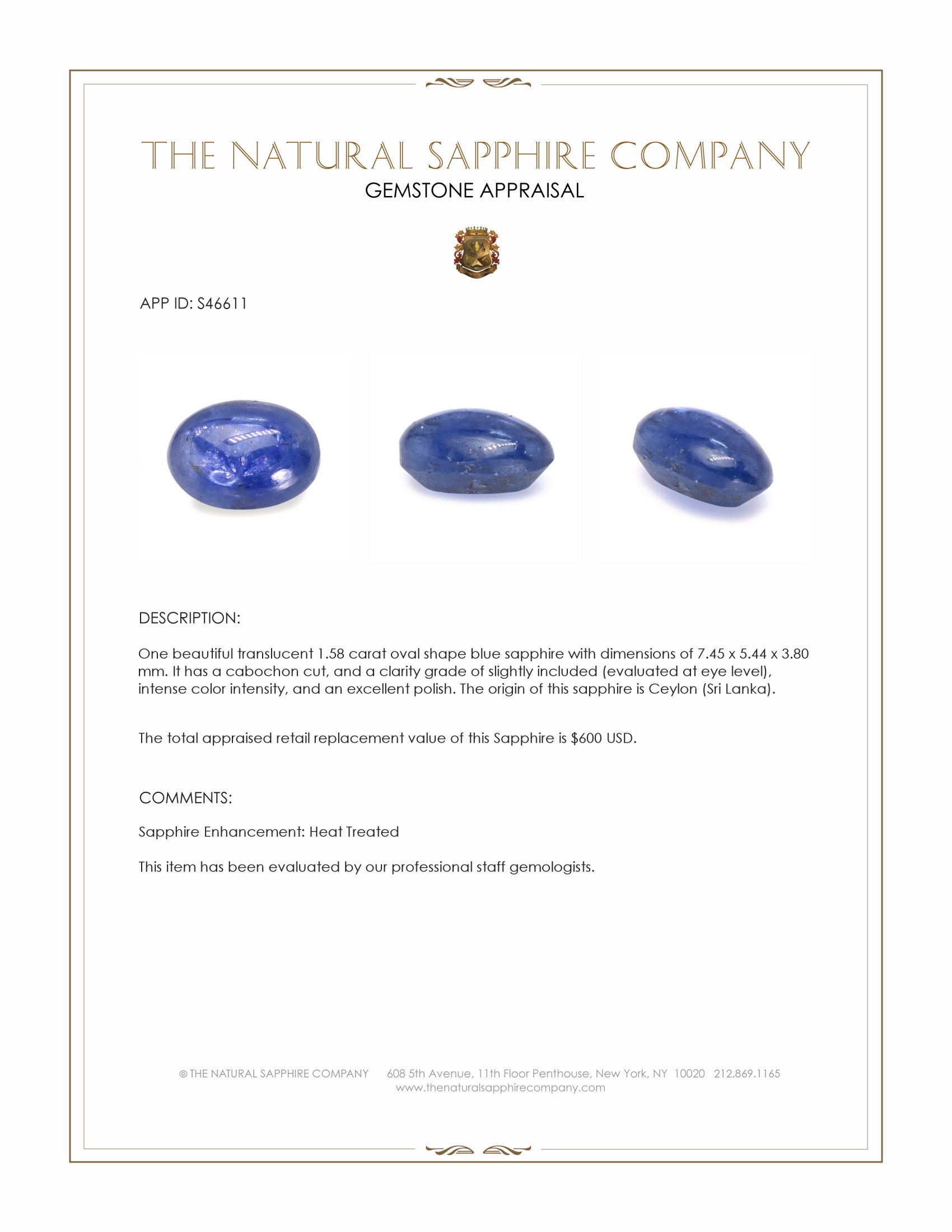 1.58 Ct. Blue Cabochon Sapphire from Ceylon (Sri Lanka)