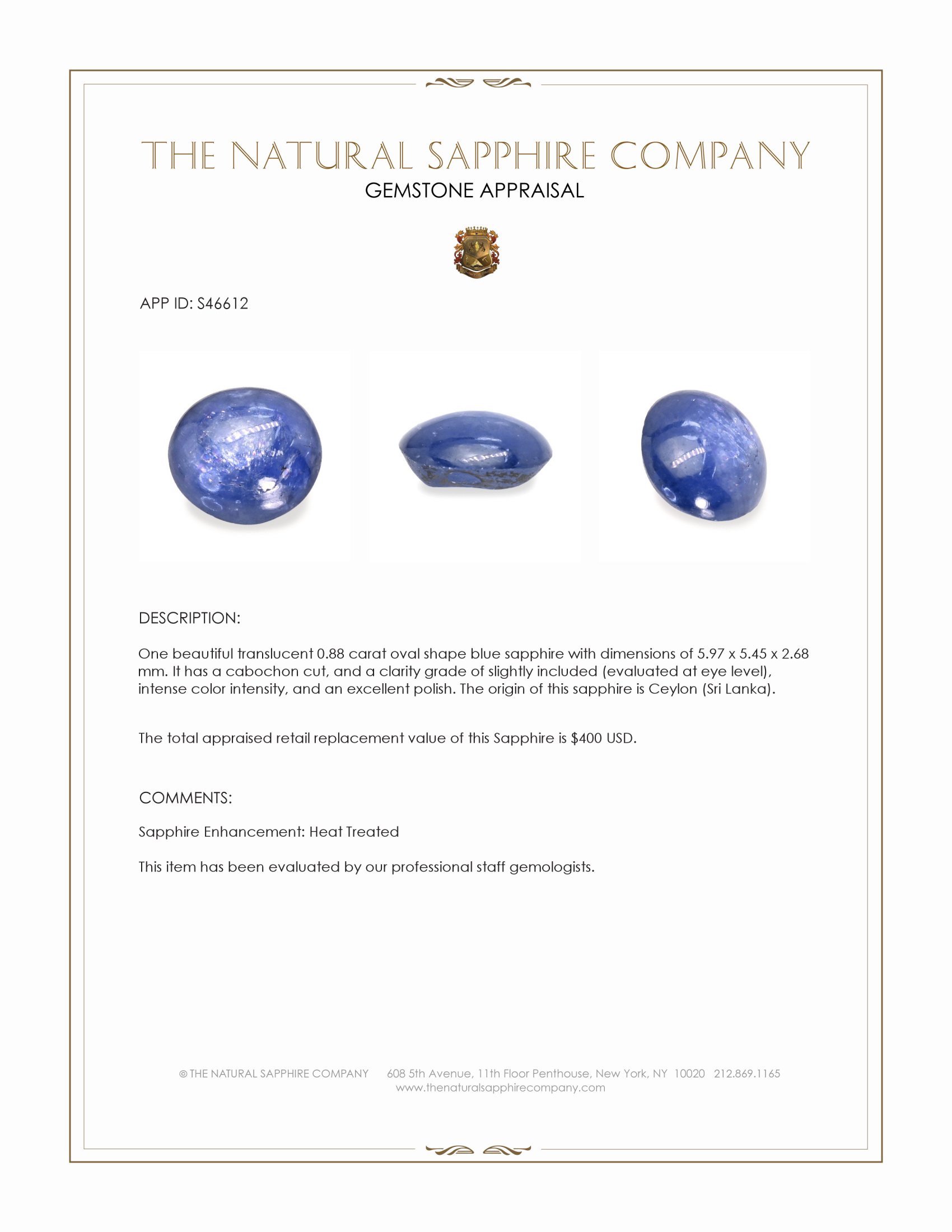 0.88 Ct. Blue Cabochon Sapphire from Ceylon (Sri Lanka)