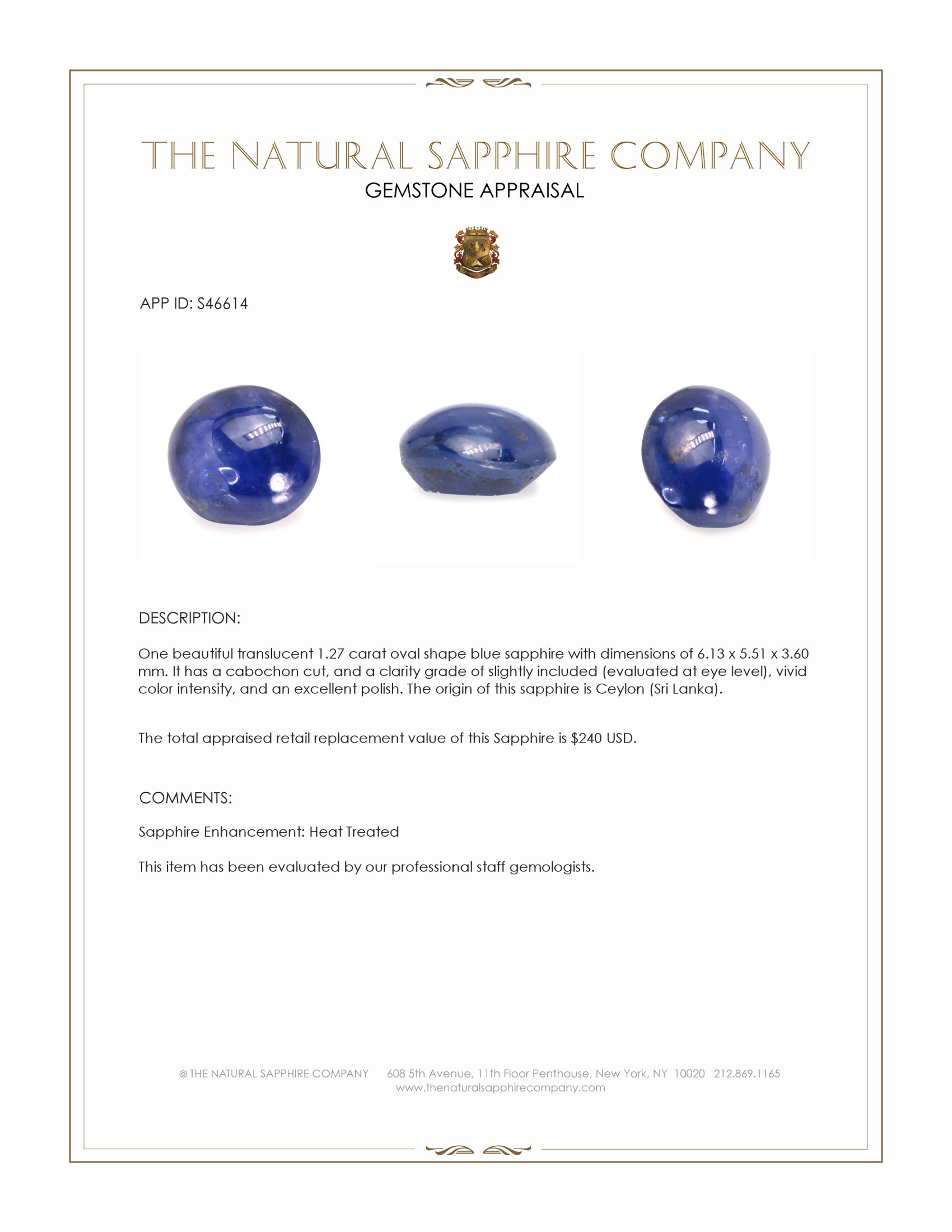 1.27 Ct. Blue Cabochon Sapphire from Ceylon (Sri Lanka)