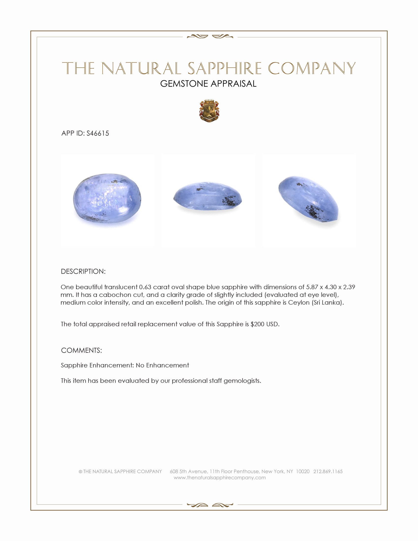 0.63 Ct. Blue Cabochon Sapphire from Ceylon (Sri Lanka)
