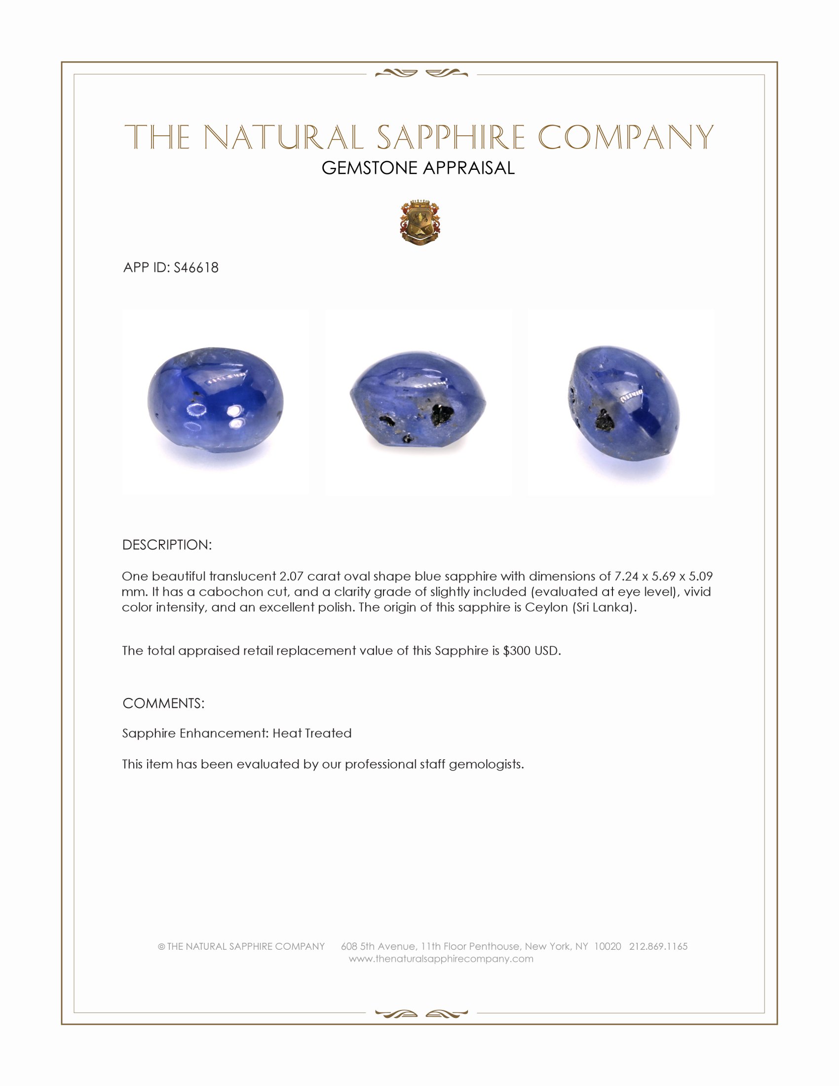 2.07 Ct. Blue Cabochon Sapphire from Ceylon (Sri Lanka)