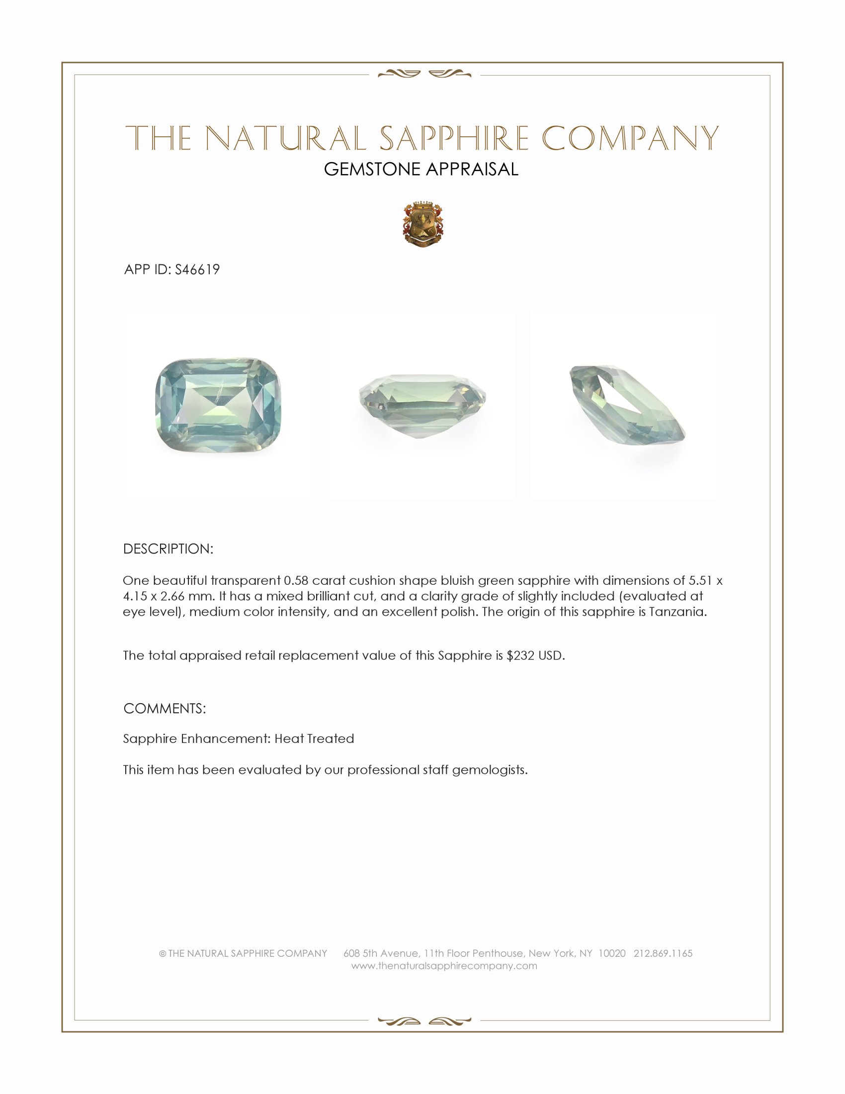0.58 Ct. Bluish Green Sapphire from Tanzania