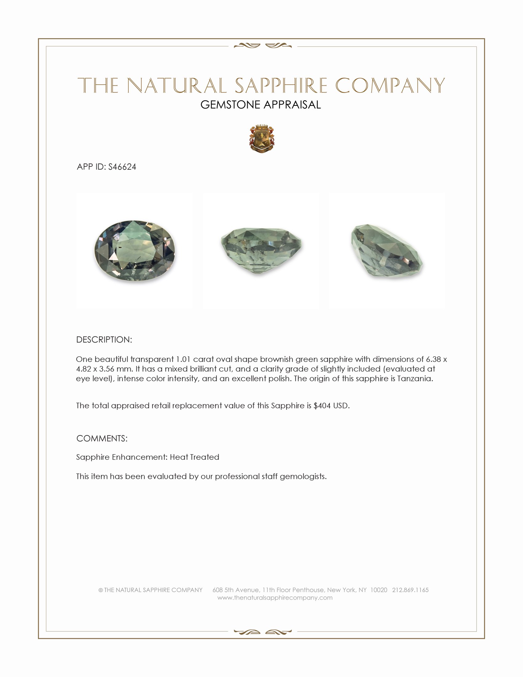 1.01 Ct. Brownish Green Sapphire from Tanzania