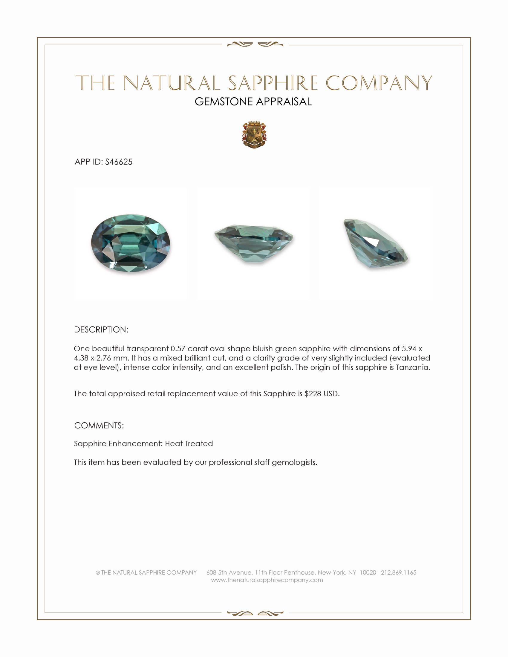 0.57 Ct. Bluish Green Sapphire from Tanzania