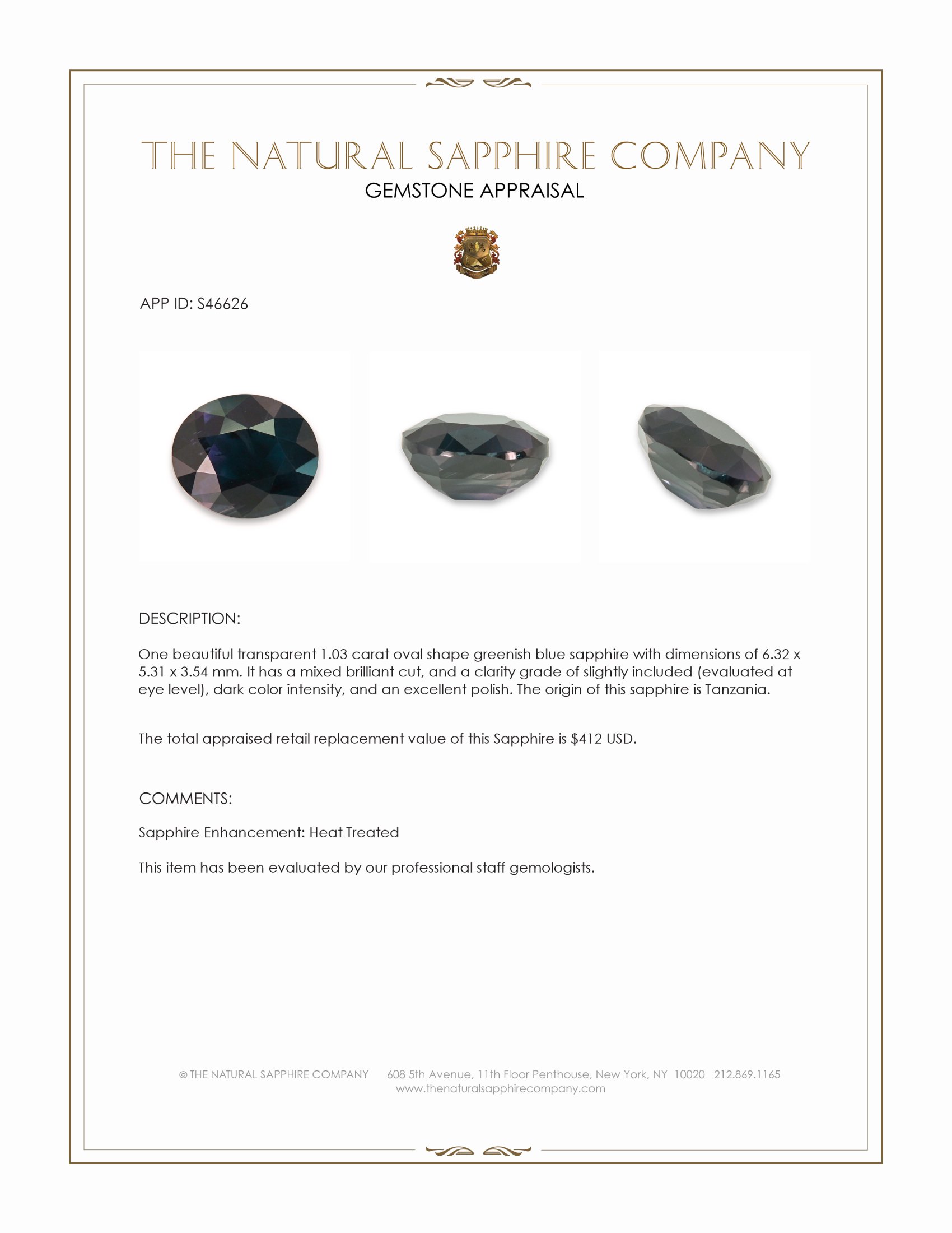 1.03 Ct. Greenish Blue Sapphire from Tanzania