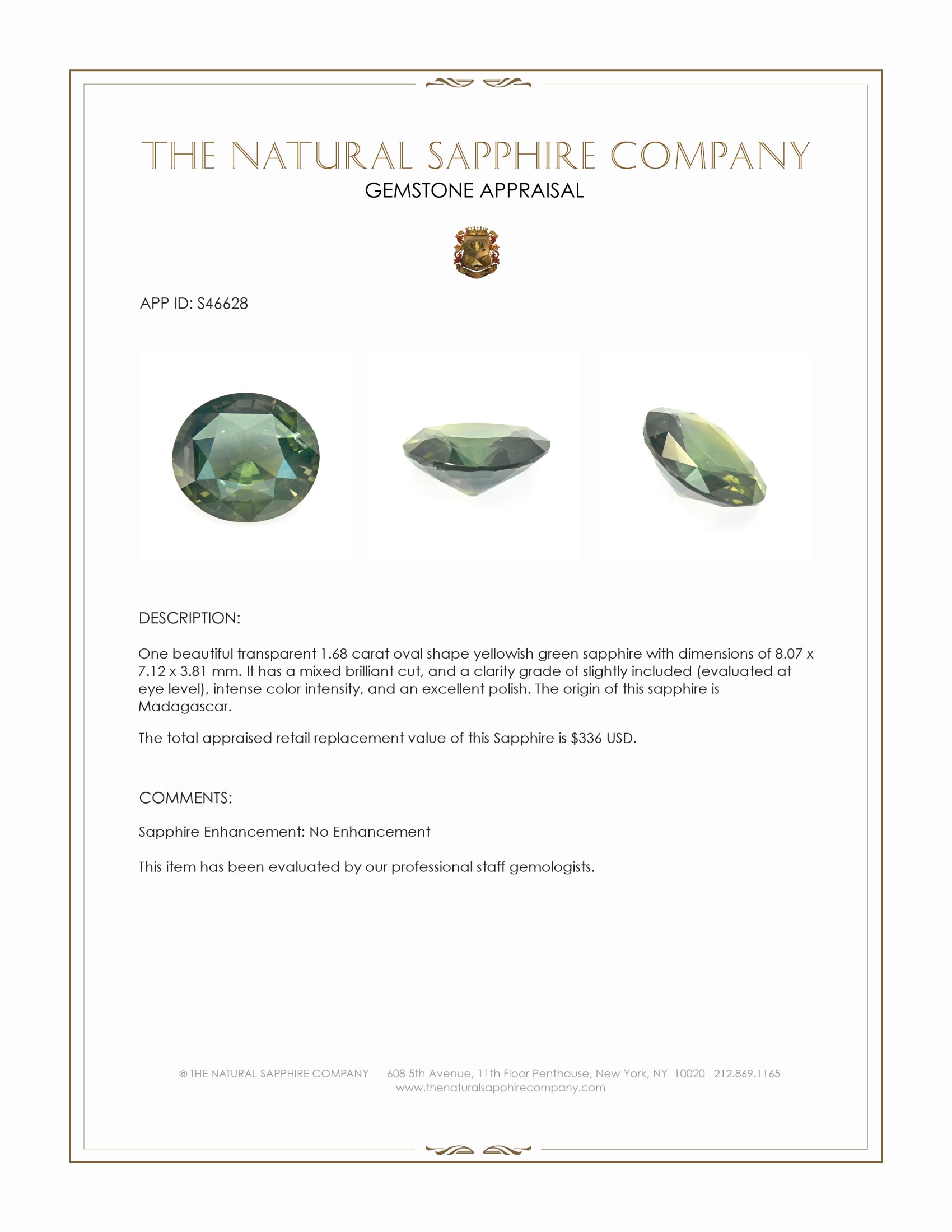 1.68 Ct. Yellowish Green Sapphire from Madagascar