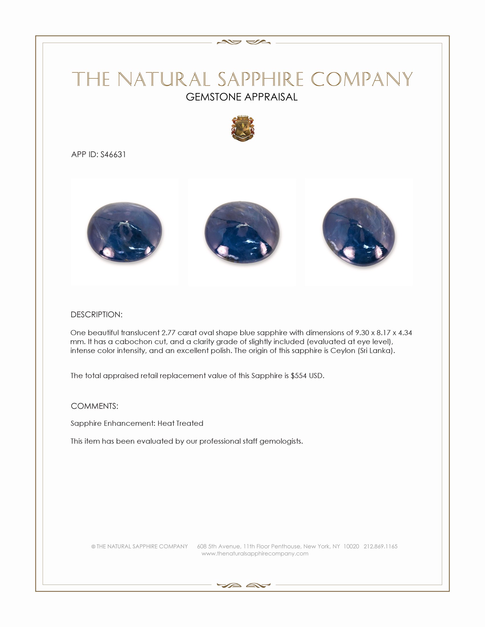 2.77 Ct. Blue Cabochon Sapphire from Ceylon (Sri Lanka)
