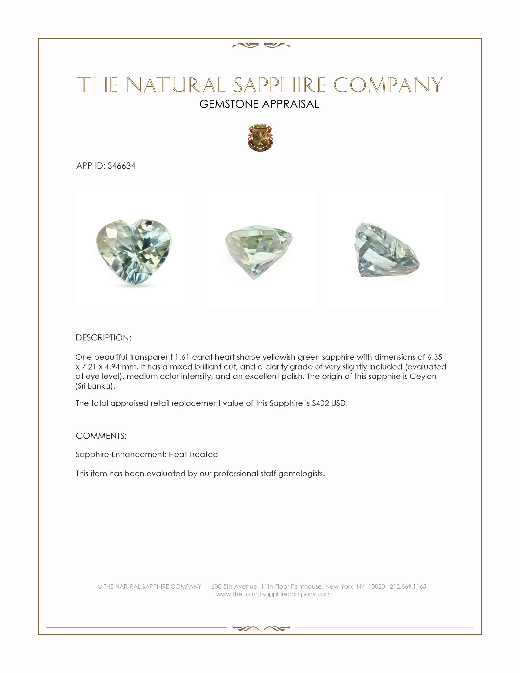 1.61 Ct. Yellowish Green Sapphire from Ceylon (Sri Lanka)