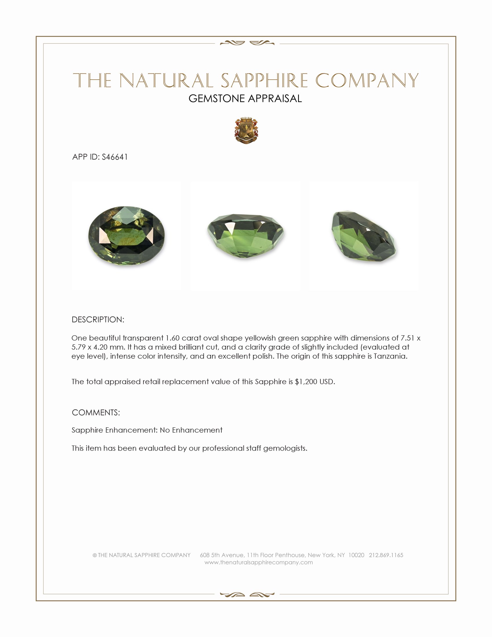 1.60 Ct. Yellowish Green Sapphire from Tanzania
