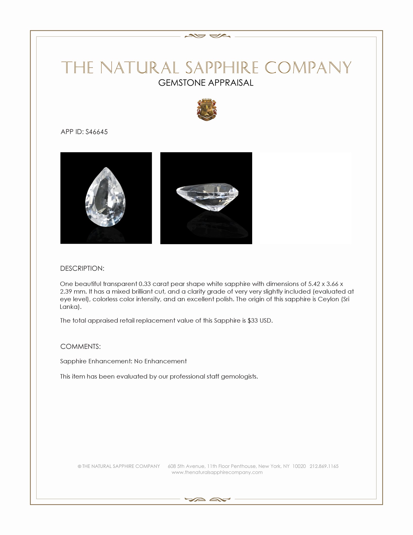 0.33 Ct. White Sapphire from Ceylon (Sri Lanka)